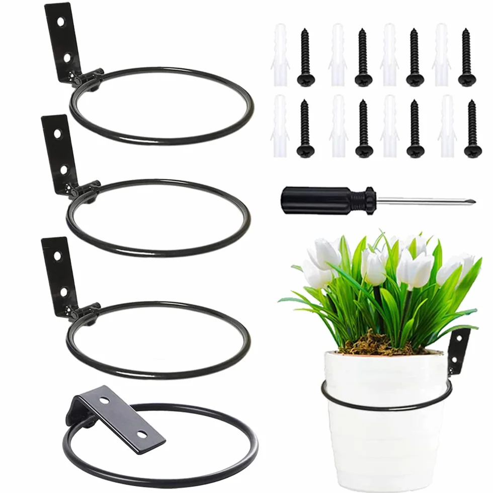 Anyingkai Support de Pot de Fleur Pliable en Métal, 4 Pcs Anneau Fixé au Mur