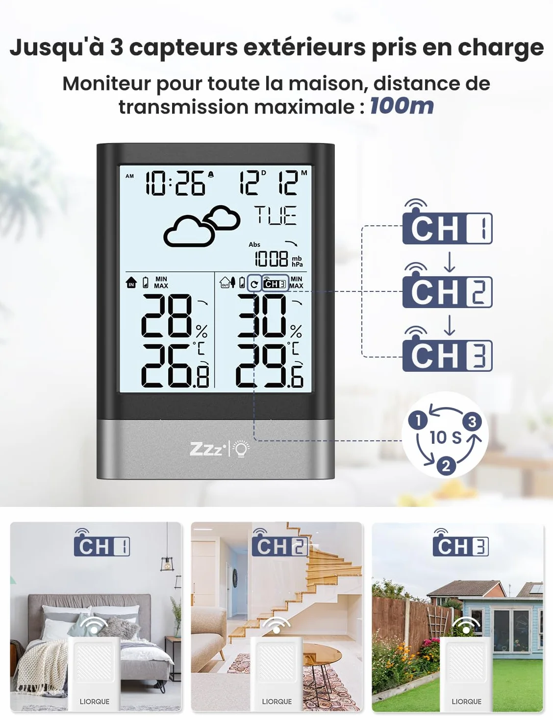 LIORQUE Station Météo Sans Fil avec Capteur Thermomètre Hygromètre Baromètre Extérieure LCD Horloge Alarme Snooze
