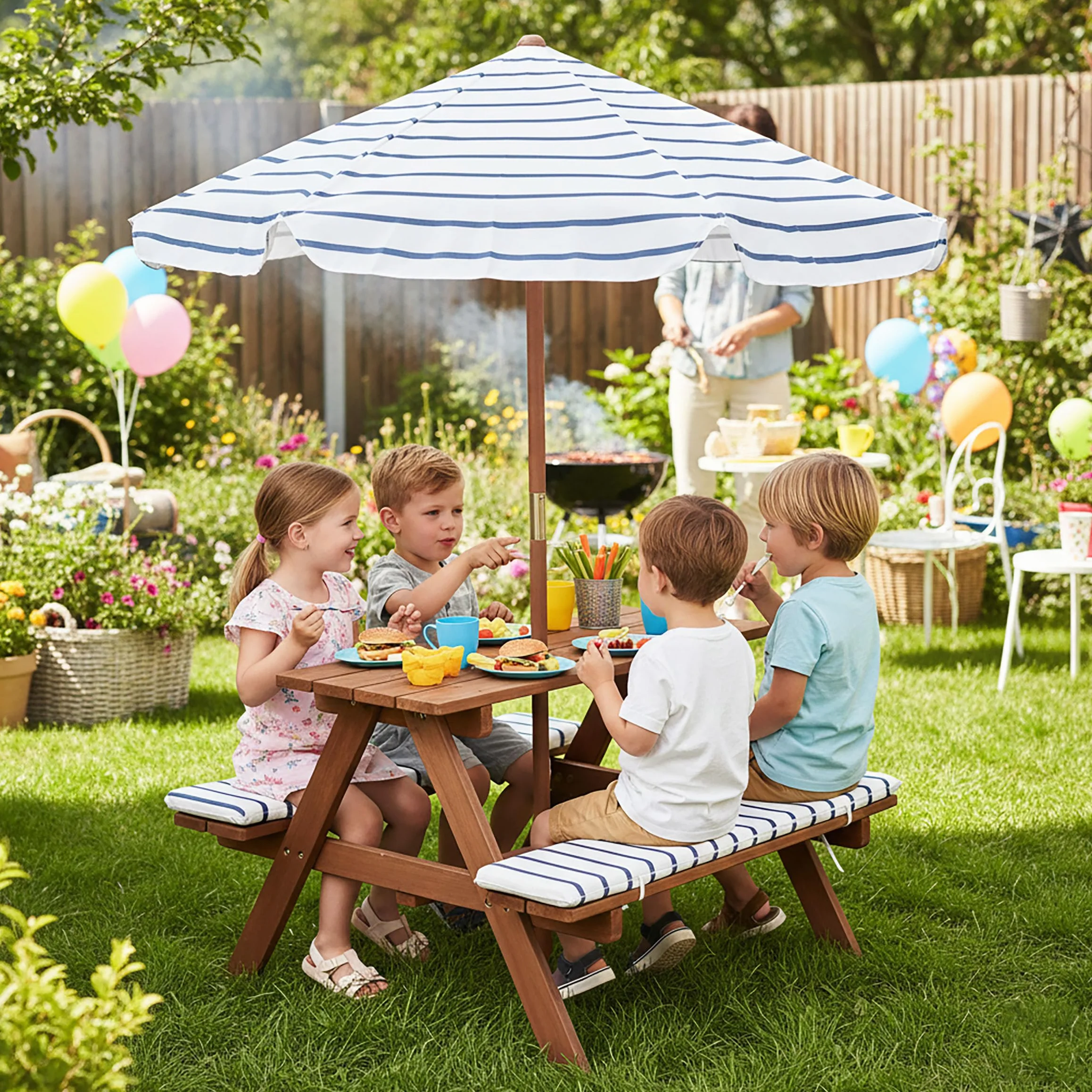 Table de pique-nique en bois pour enfants 75 x 75 cm avec parasol et coussins résistant jusqu'à 80 kg