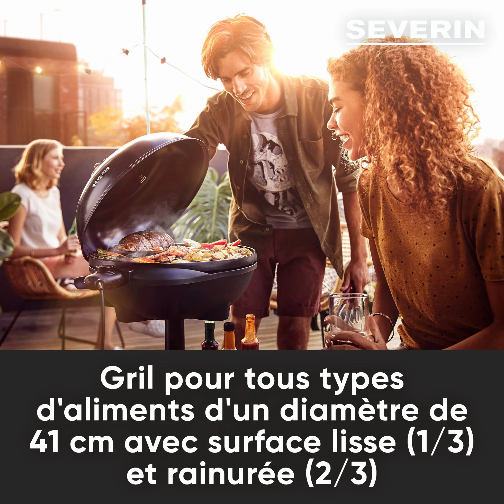 SEVERIN Barbecue électrique 2000 W grille fonte aluminium sur pieds couvercle thermomètre eBBQ noir PG 8541