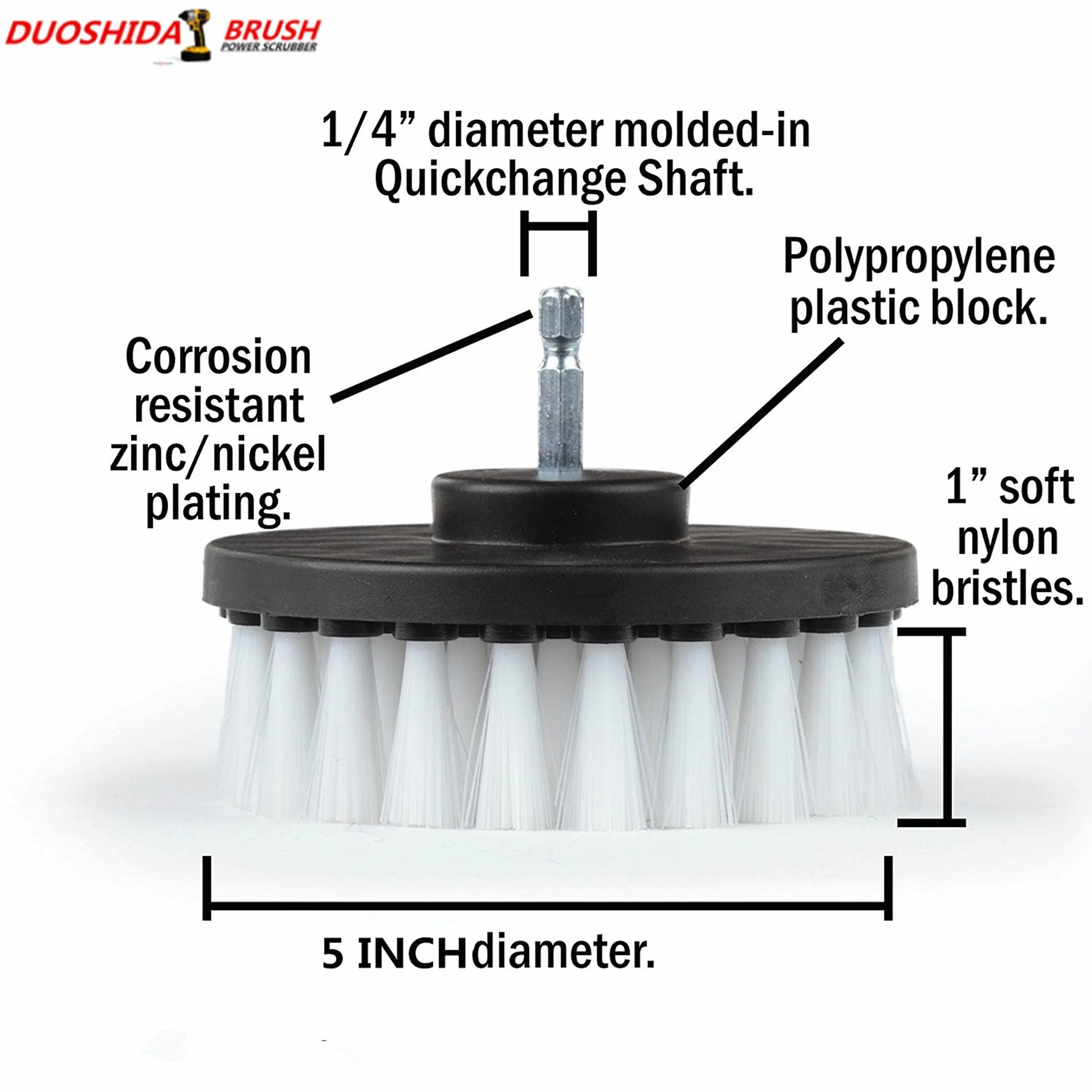 Brosse pour perceuse à poils doux blancs de 12,7 cm – Nettoyage du bac en fibre de verre, rembourrage en microfibre, tapis de voiture, siège de bateau avec tige à changement rapide