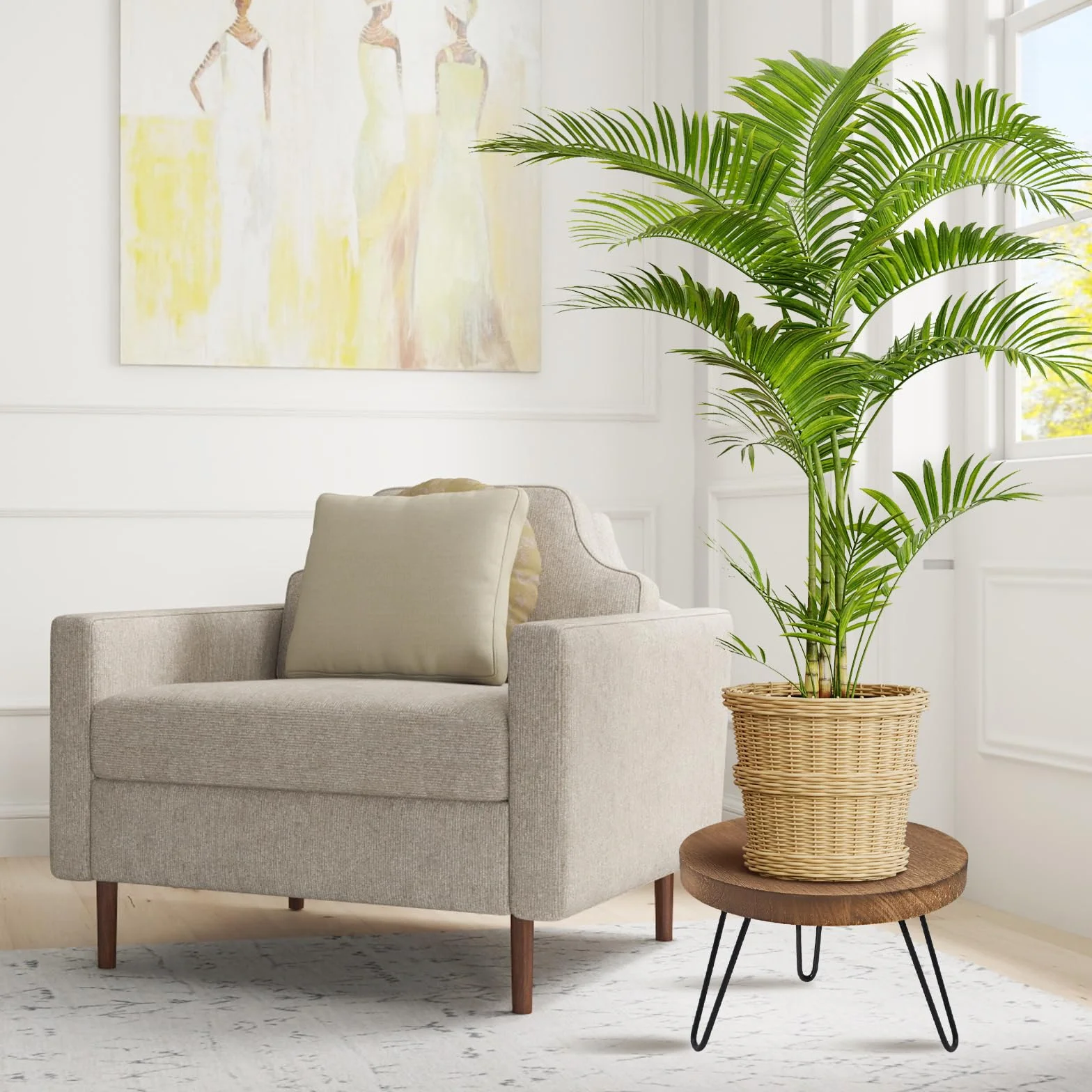 Support de Plantes en Bois, Tabouret pour Plantes Rond avec 3 Pieds pour Pots de Fleurs Intérieur Extérieur
