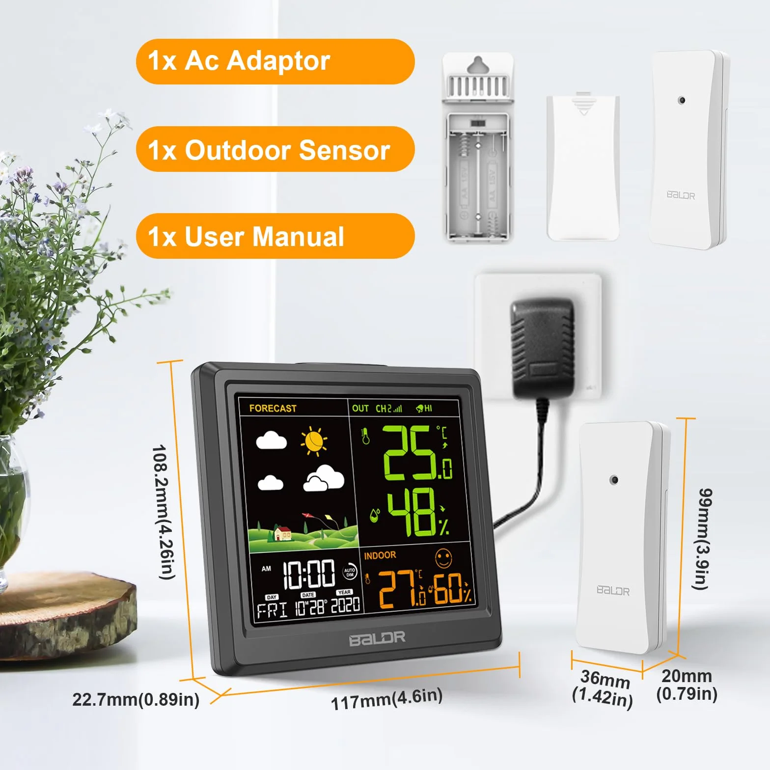Station météo sans fil LEVIPE, thermomètre hygromètre baromètre intérieur extérieur avec capteur LED écran rétro-éclairage horloge numérique alarme snooze affichage heure date jour