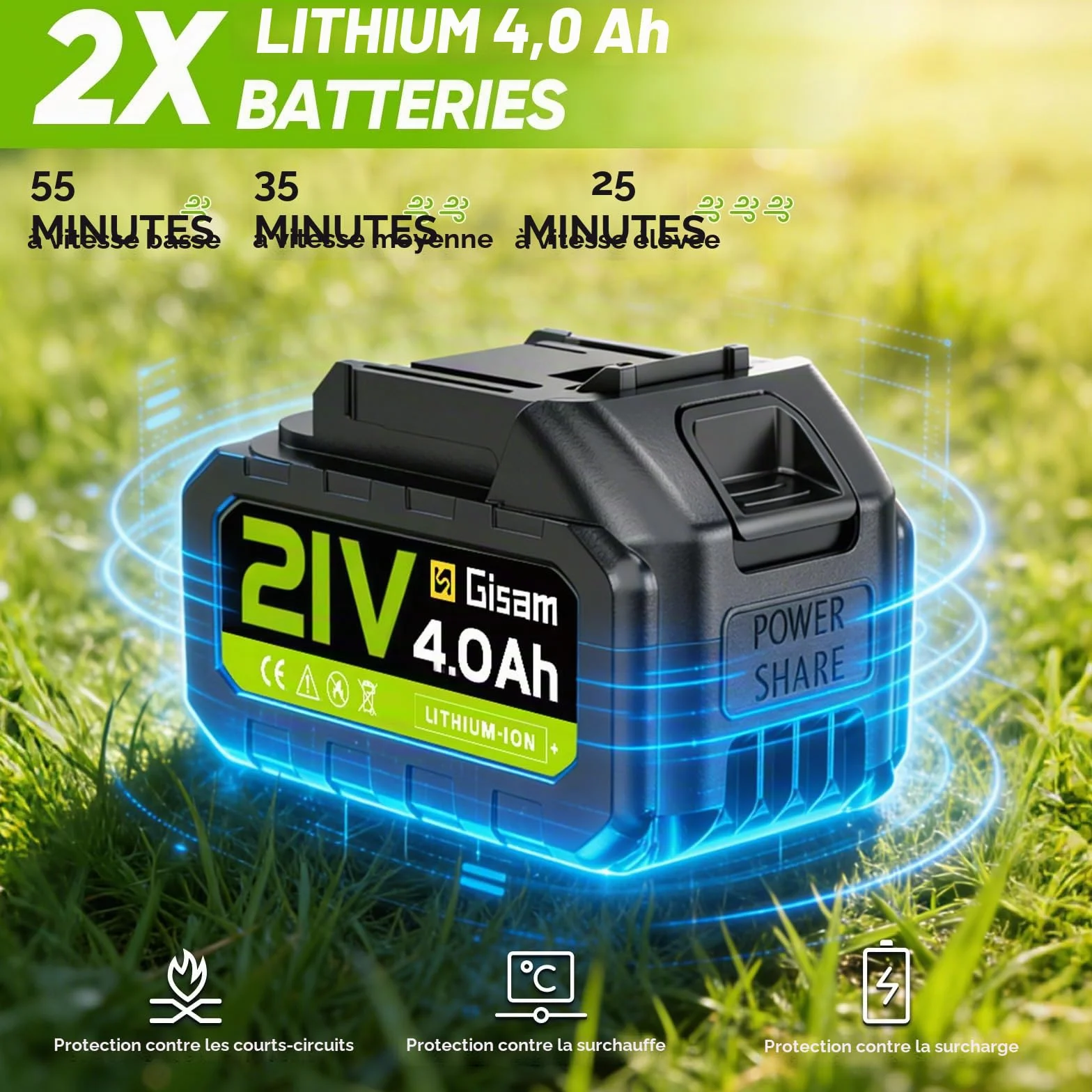 Souffleur Batterie sans Balais Gisam 2x3.0Ah 2 Vitesses Turbo Mode Max 25000RPM 750m³/h