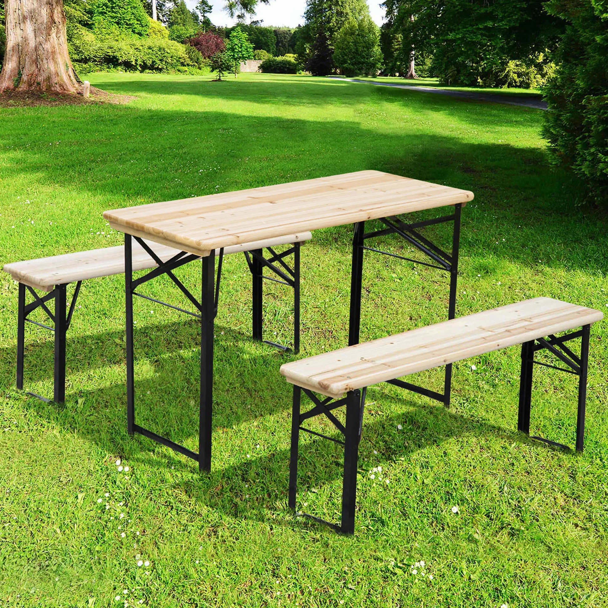 Outsunny Table de Camping Pique-Nique Pliable avec 2 Bancs Métal Époxy Noir