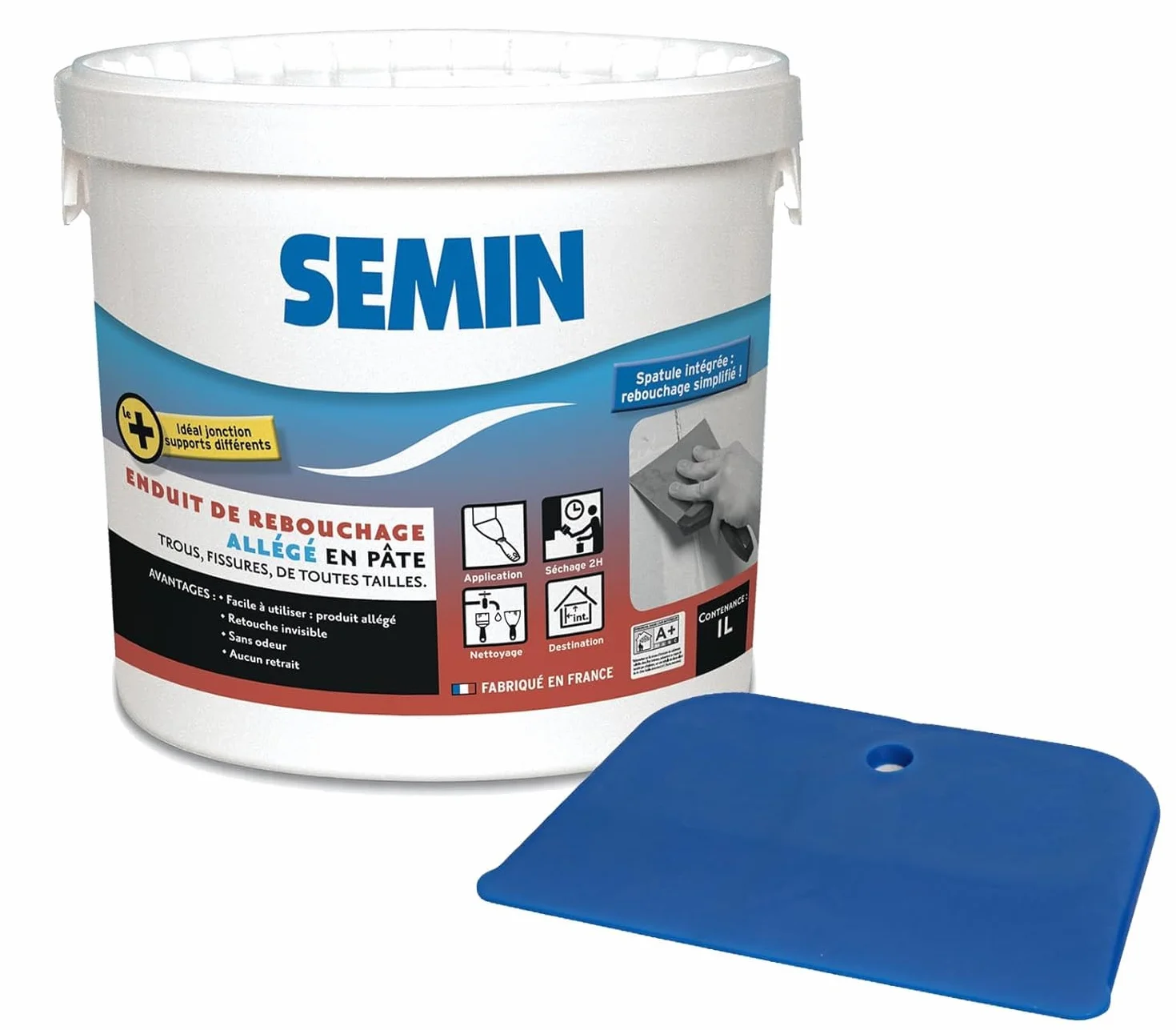Semin SEM-LIGHT Enduit de Rebouchage Allégé 1 L – Ultra Léger, Sans Retrait & Séchage Rapide – Réparation Trous & Fissures – Intérieur Murs & Plafonds – Blanc Mat – Spatule Intégrée