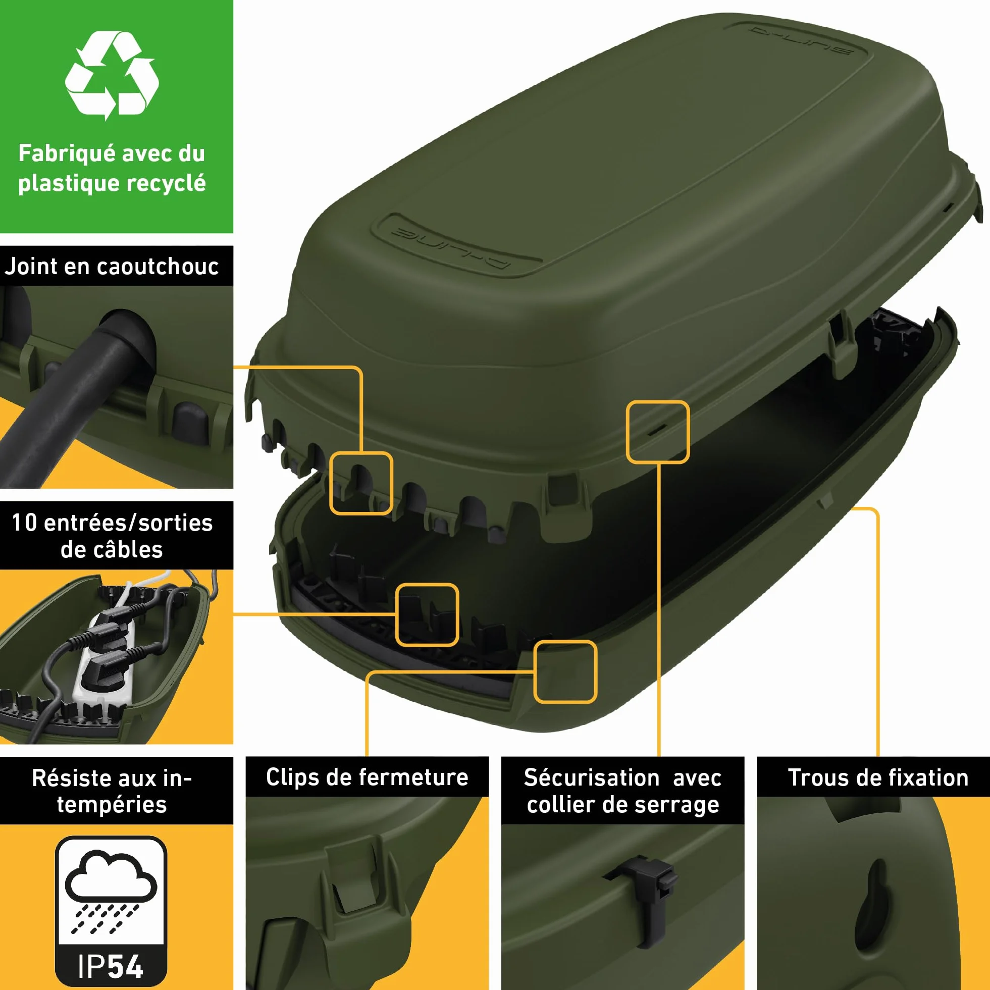 D-Line, Boîtier étanche pour multiprise, Niveau de Protection IP54 - Cotes internes = 290mm (Longueur) x 125mm (Largeur) x 110mm (Hauteur) - Vert