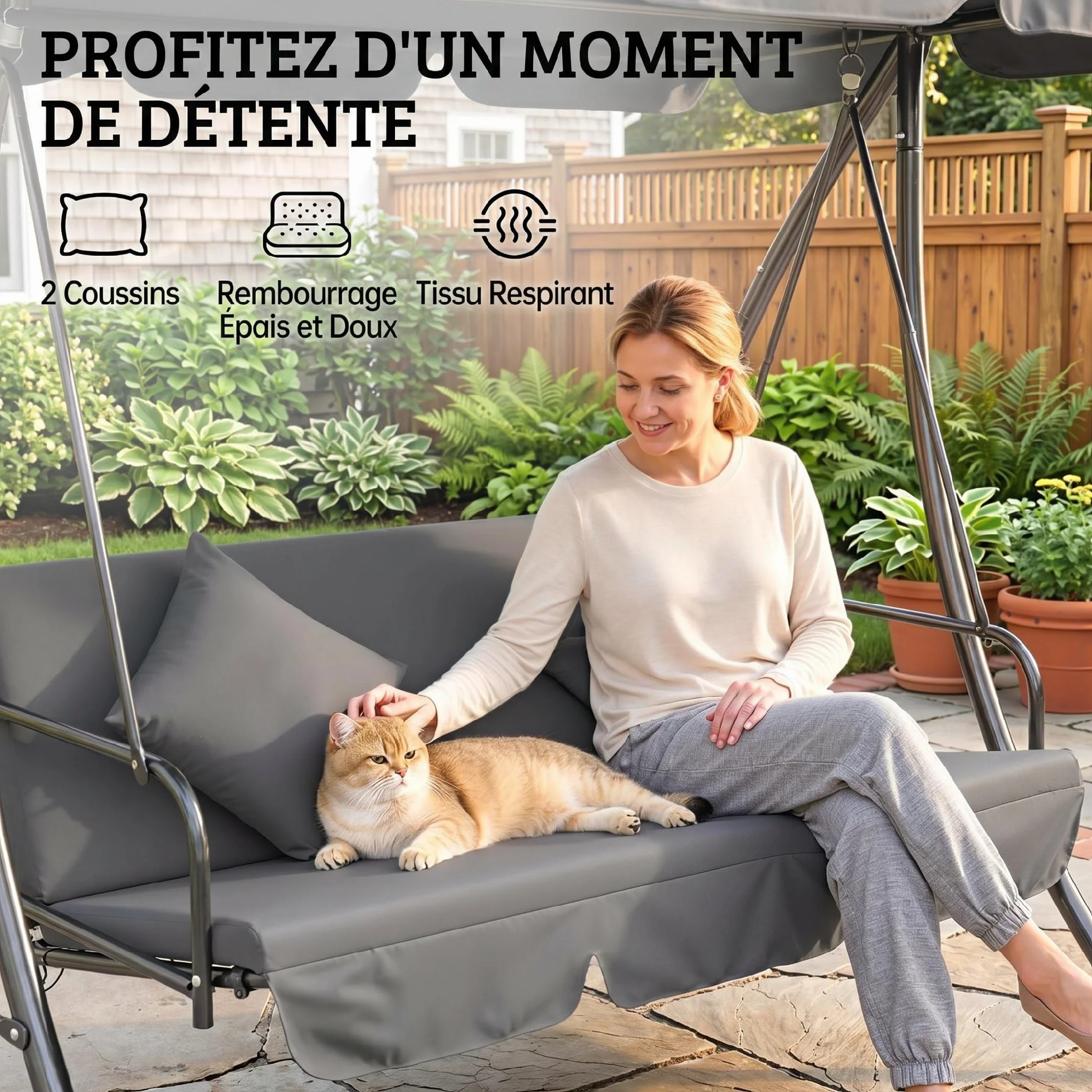 Outsunny Balancelle de Jardin 3 Places Convertible Toit réglable Matelas fourni métal Polyester Noir Gris Clair