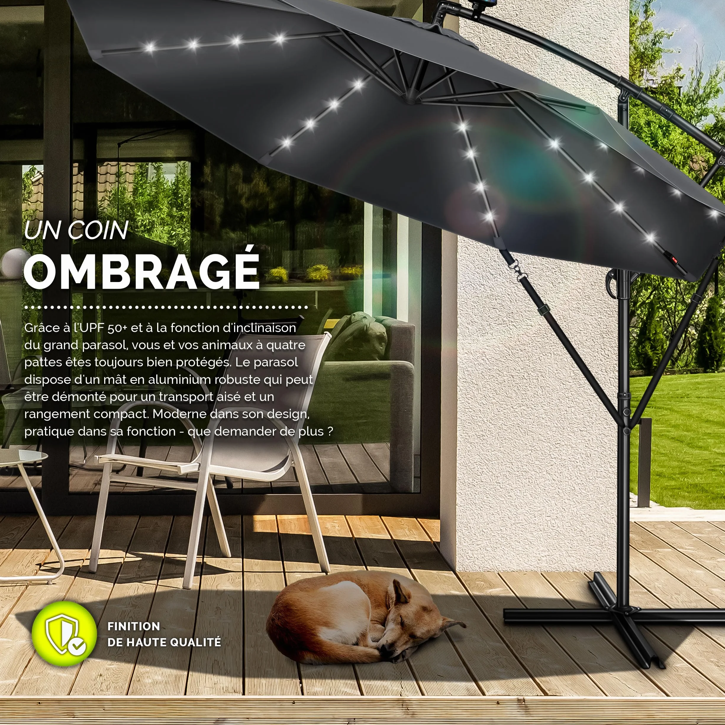 Parasol déporté LED solaire hexagonale 3M avec manivelle Protection UV en aluminium pour jardin