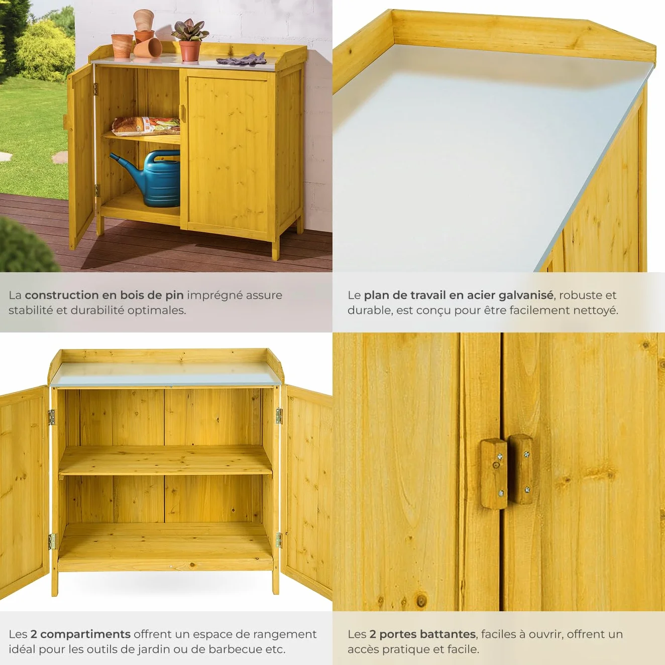 Tectake Table de rempotage Abri de Jardin Bois Plan de Travail zingué Table de Culture Rangement Outils Jardinage Armoire Jardin Exterieur Plantes Fleurs semis Potager