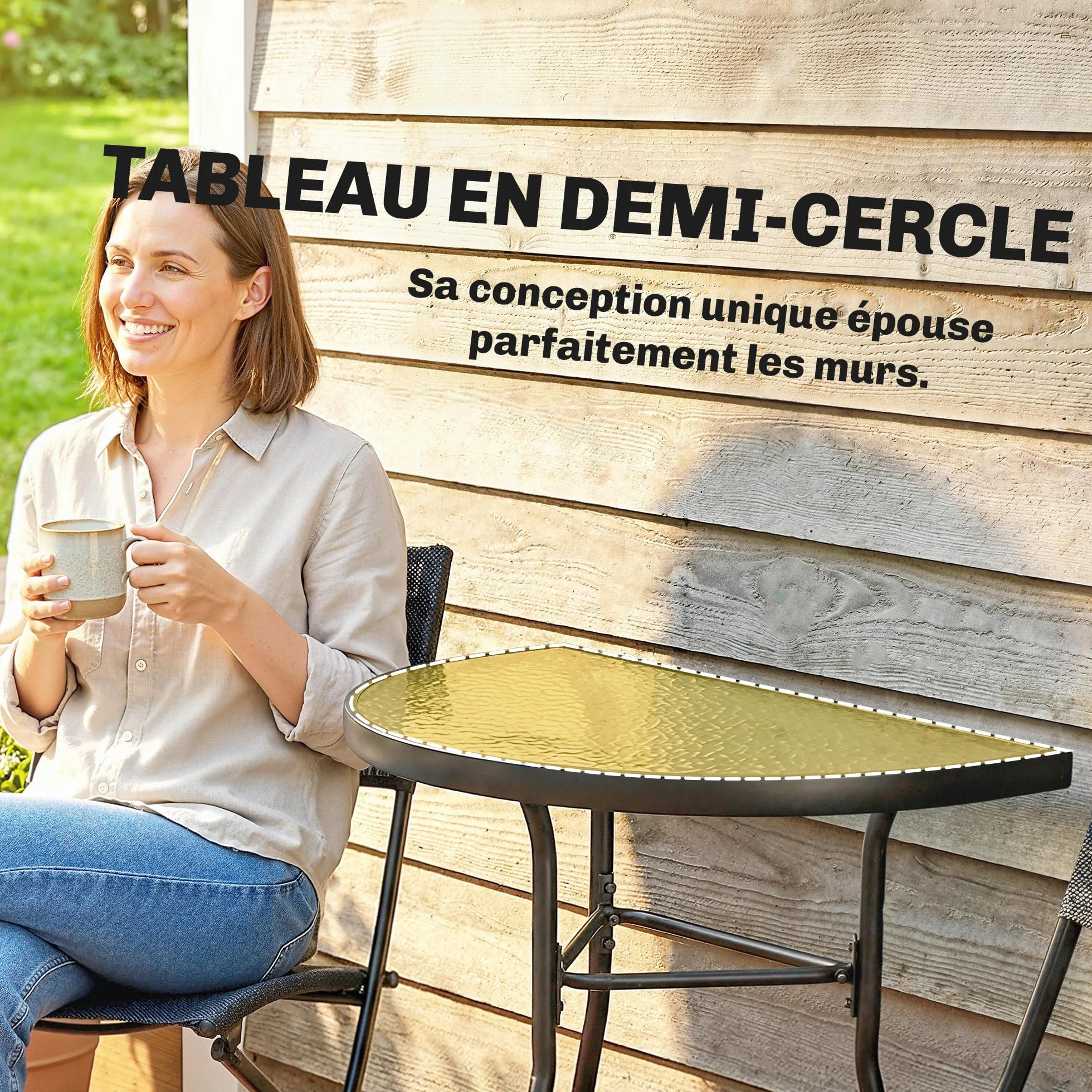 Outsunny Ensemble Salon Jardin Bistrot 3 Pièces Table Semi-Circulaire 2 Chaises Pliantes Maille Cadre Métallique Noir