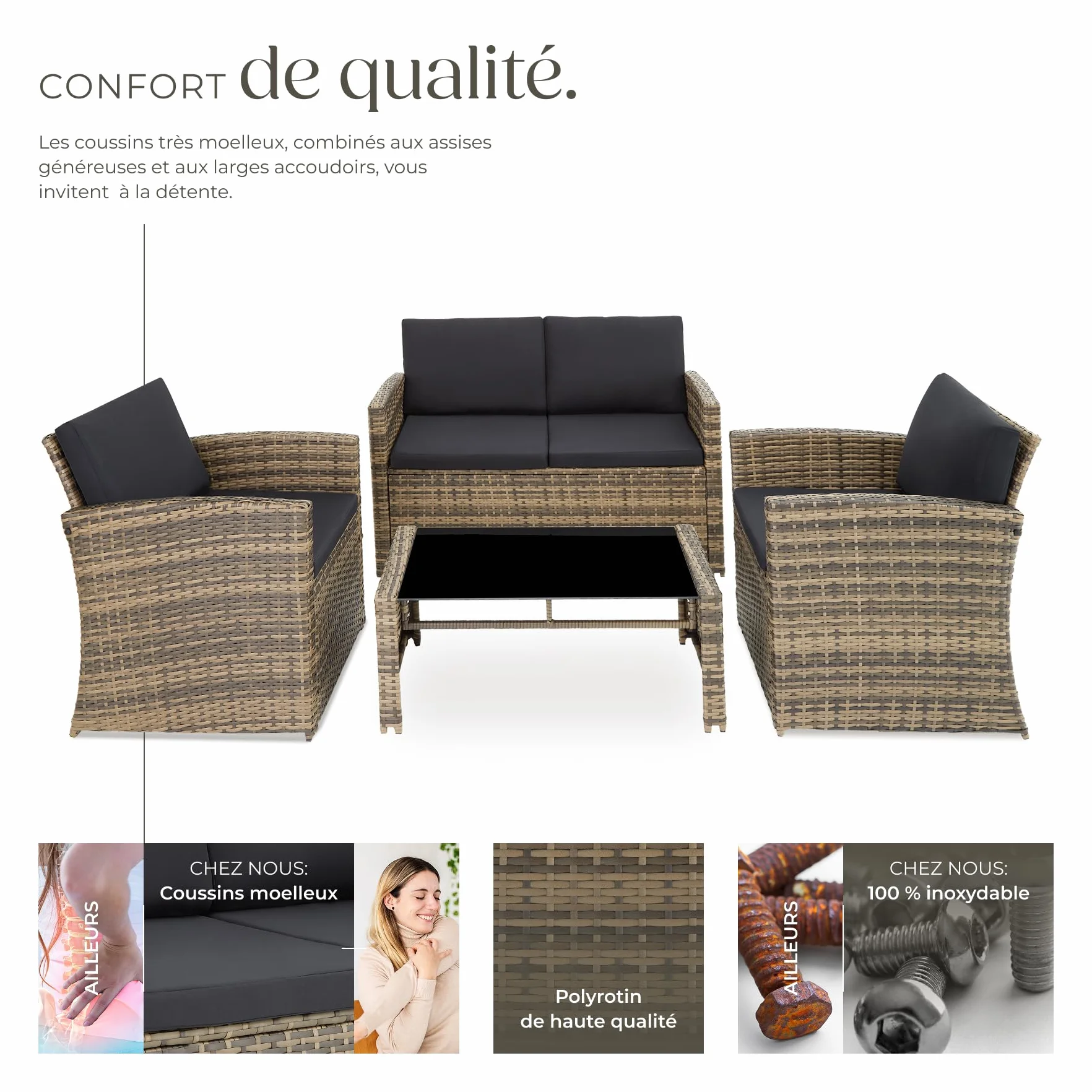 Tectake Salon de Jardin Résine tressée 4 Places Table Canapé 2 Fauteuils Coussins Inclus Marron Naturel Gris foncé