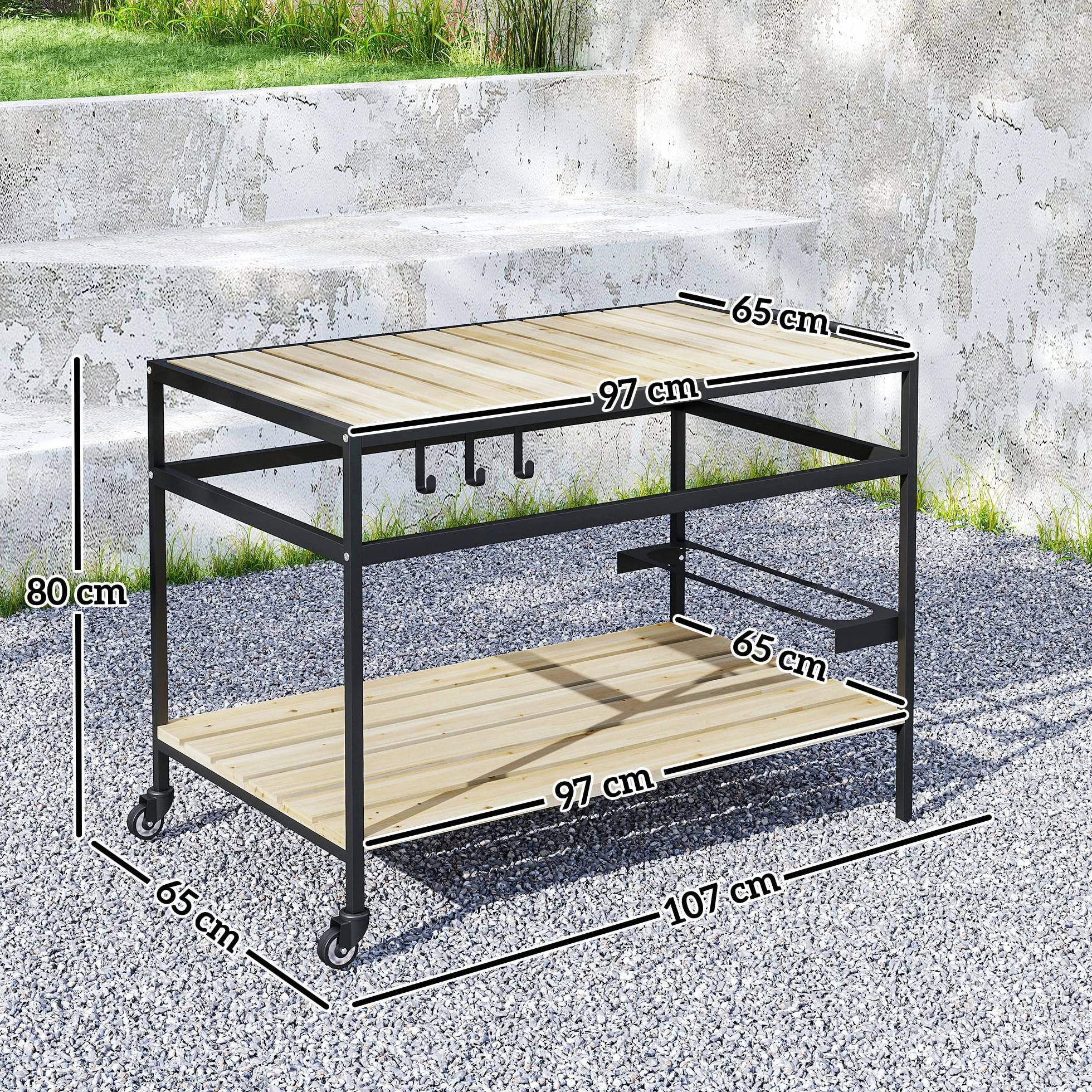 Outsunny Desserte de Jardin Chariot Barbecue avec 2 étagères 3 Crochets Bois Métal 107 x 65 x 80 cm Noir Naturel