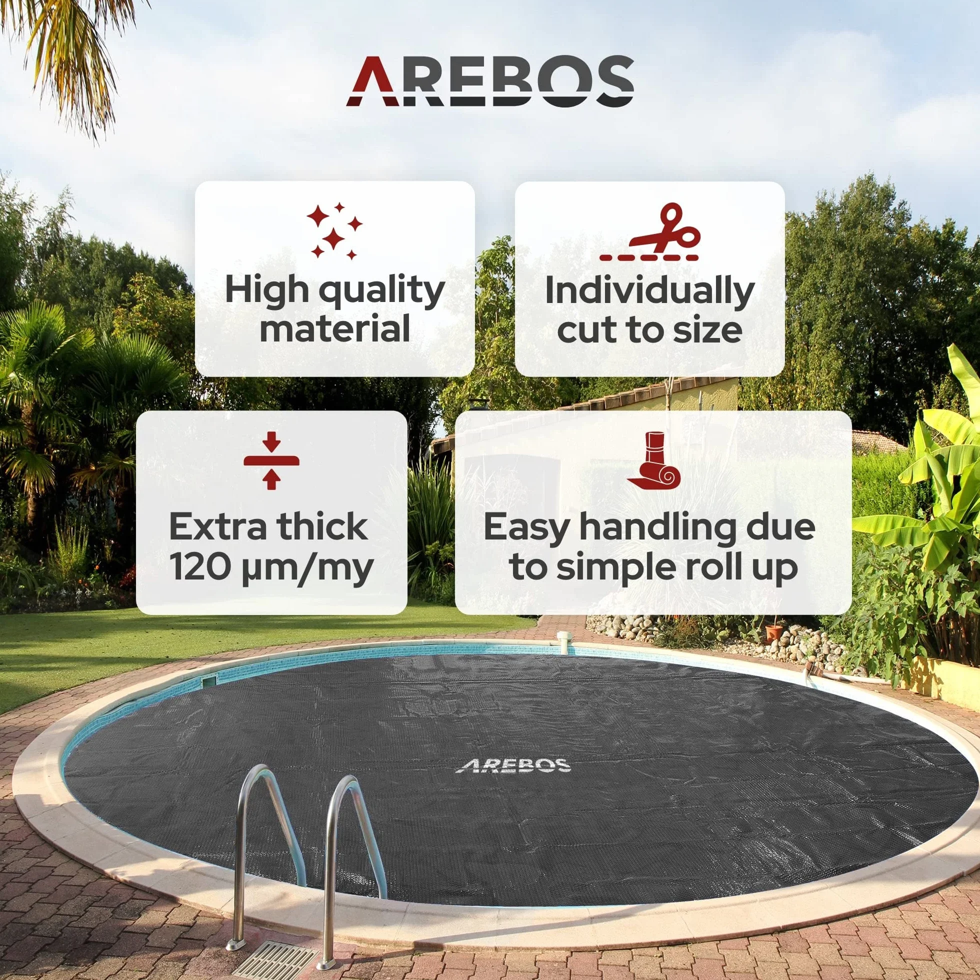 Arebos Bâche Solaire de Piscine Ronde Ø 4,57 m Noir 120 µm Chauffage Eau