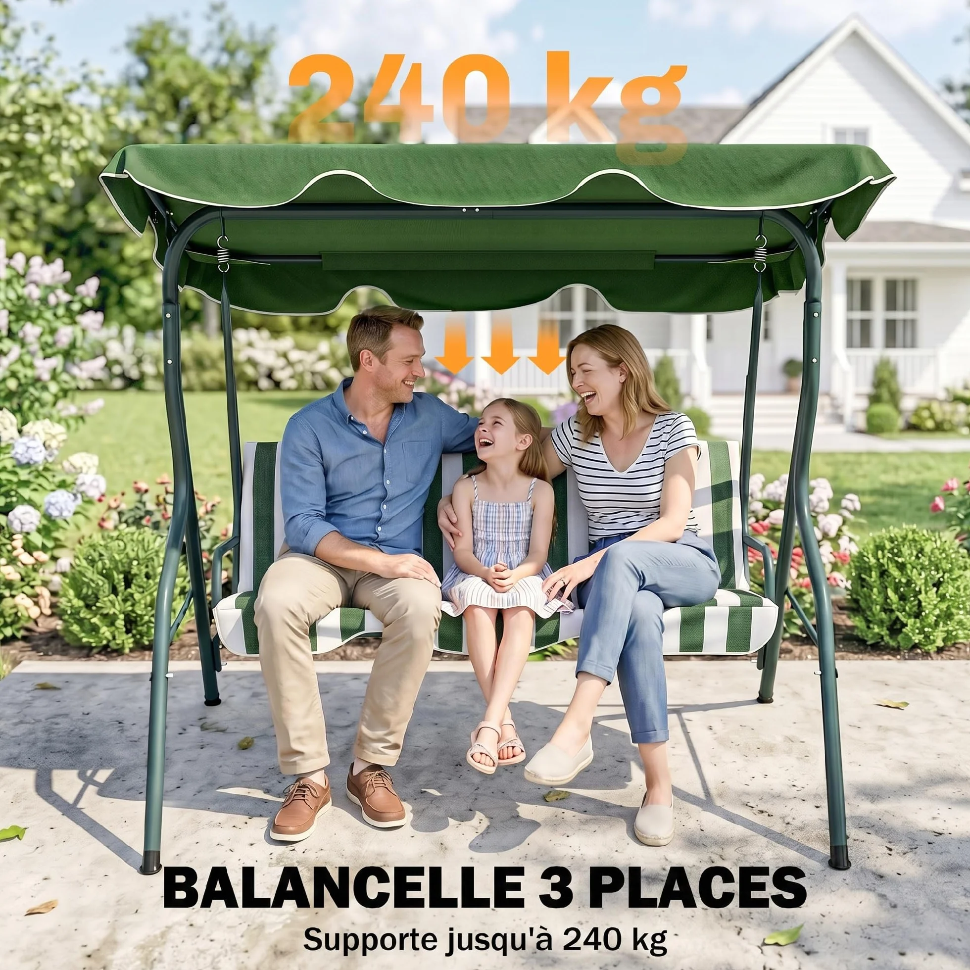Outsunny Balancelle de Jardin 3 Places Toit imperméabilisé Inclinaison réglable Acier Polyester Vert Blanc rayé 1,7L x 1,1l x 1,53H m