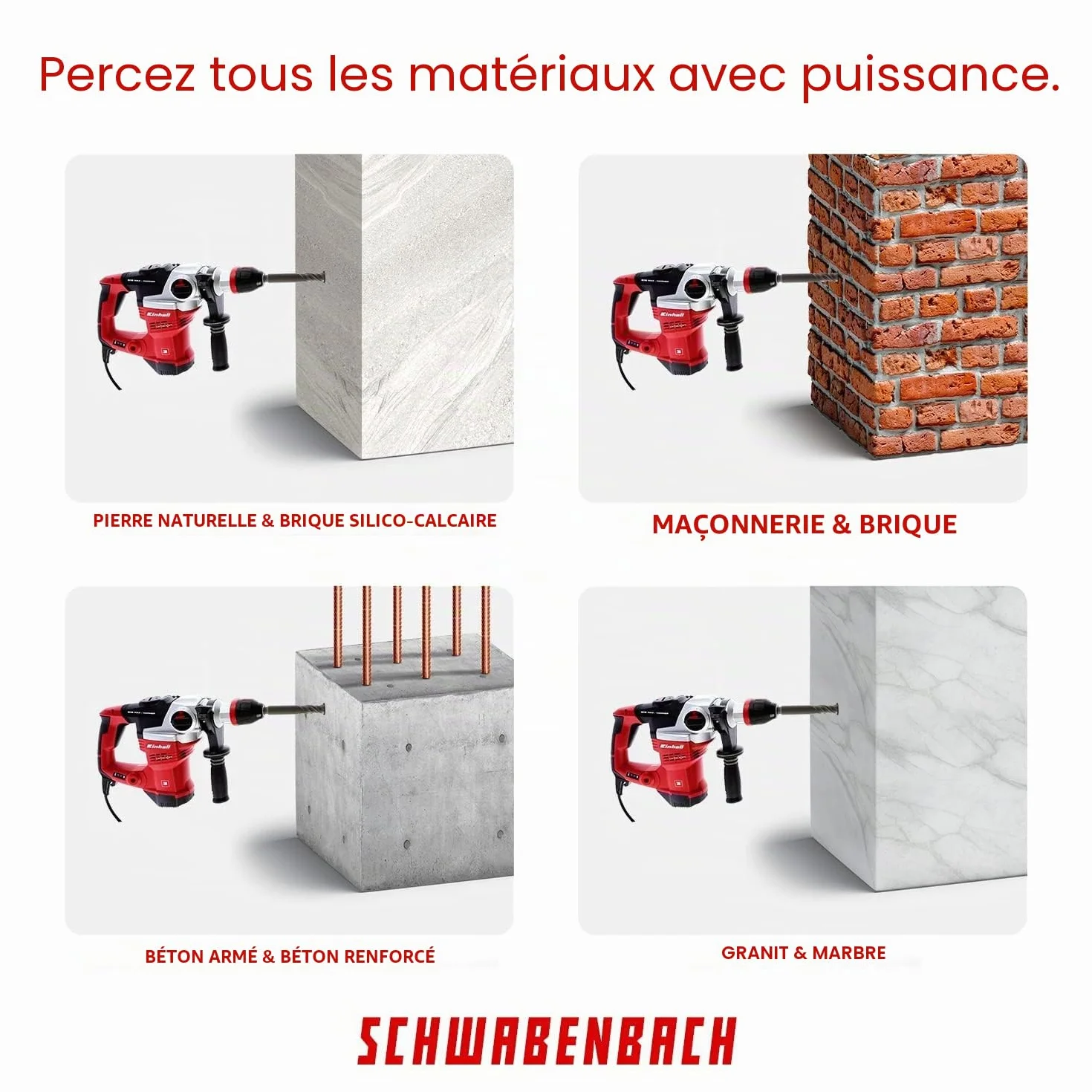 SCHWABENBACH® Foret SDS Plus Béton – Set de 7 Pièces – 6, 8, 10, 12, 14mm x 210 mm – Forets à Béton et Pierre de Haute Qualité – Compatibles Bosch, Hilti, Metabo