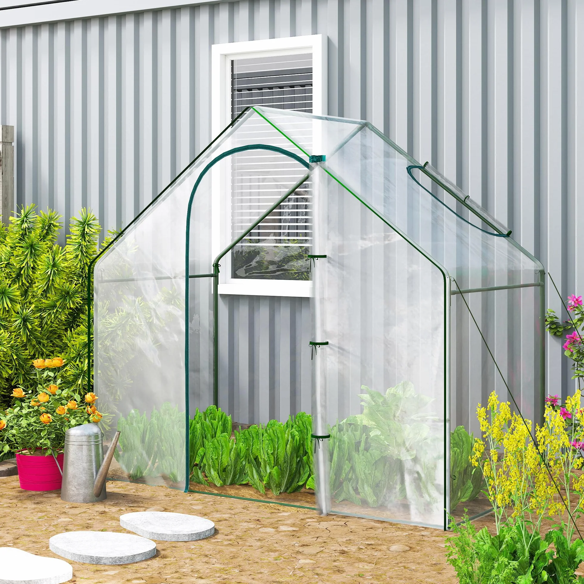 Outsunny Serre de Jardin PVC 180x100x168 cm, Châssis Acier, Porte Zippée, pour Légumes Plantes
