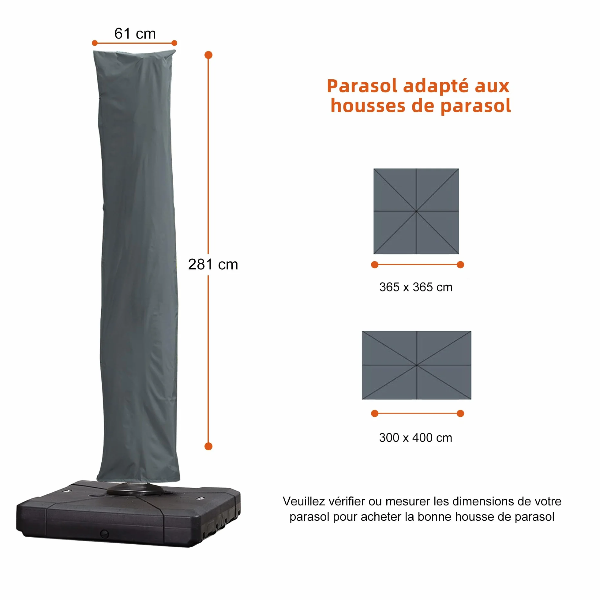 PURPLE LEAF Housse Parasol Déporté 4x3 m Protection UV 50+ Tissu Polyester 250g 281x61 cm Gris