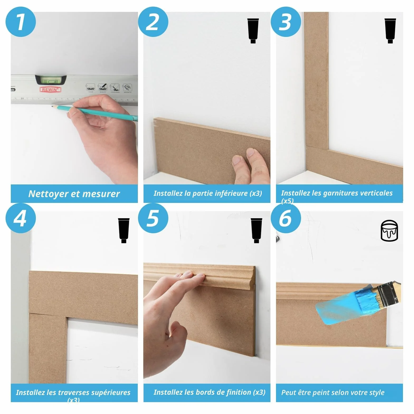Art3d Kit de panneaux prêts à poser Board & Batten pour revêtement mural (210 x 113 cm) Panneau MDF pour accent mural dans la cuisine, la chambre et le salon - Peignable – Incl. bande d’arrêt et