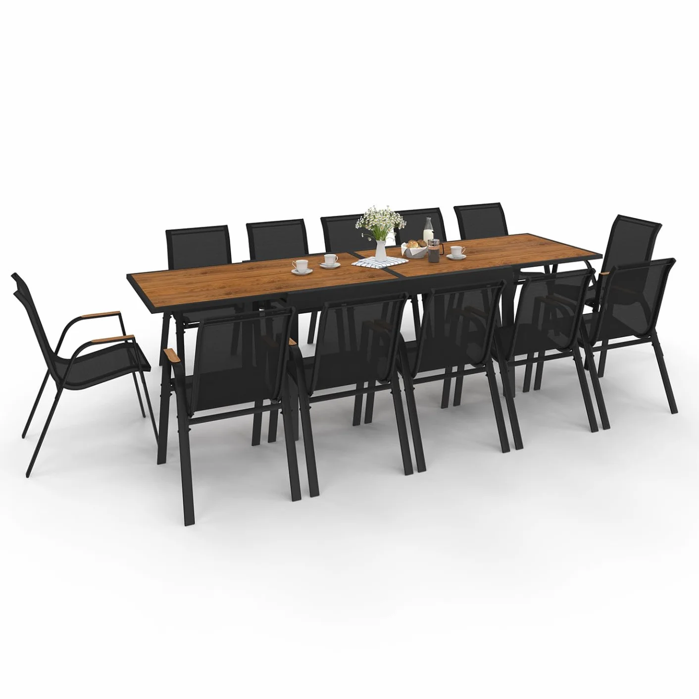 Salon de Jardin NOUMEA Table Extensible 135/270 cm Plateau Effet Bois 12 Chaises Empilables Noir Bois