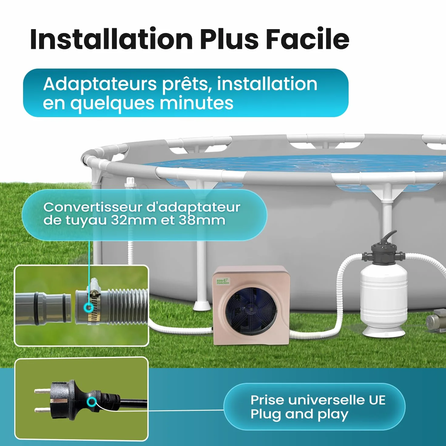 ECOPOOLTECH Pompe à Chaleur Piscine Hors Sol 30 000 l - 3,9 KW Chauffage Marron