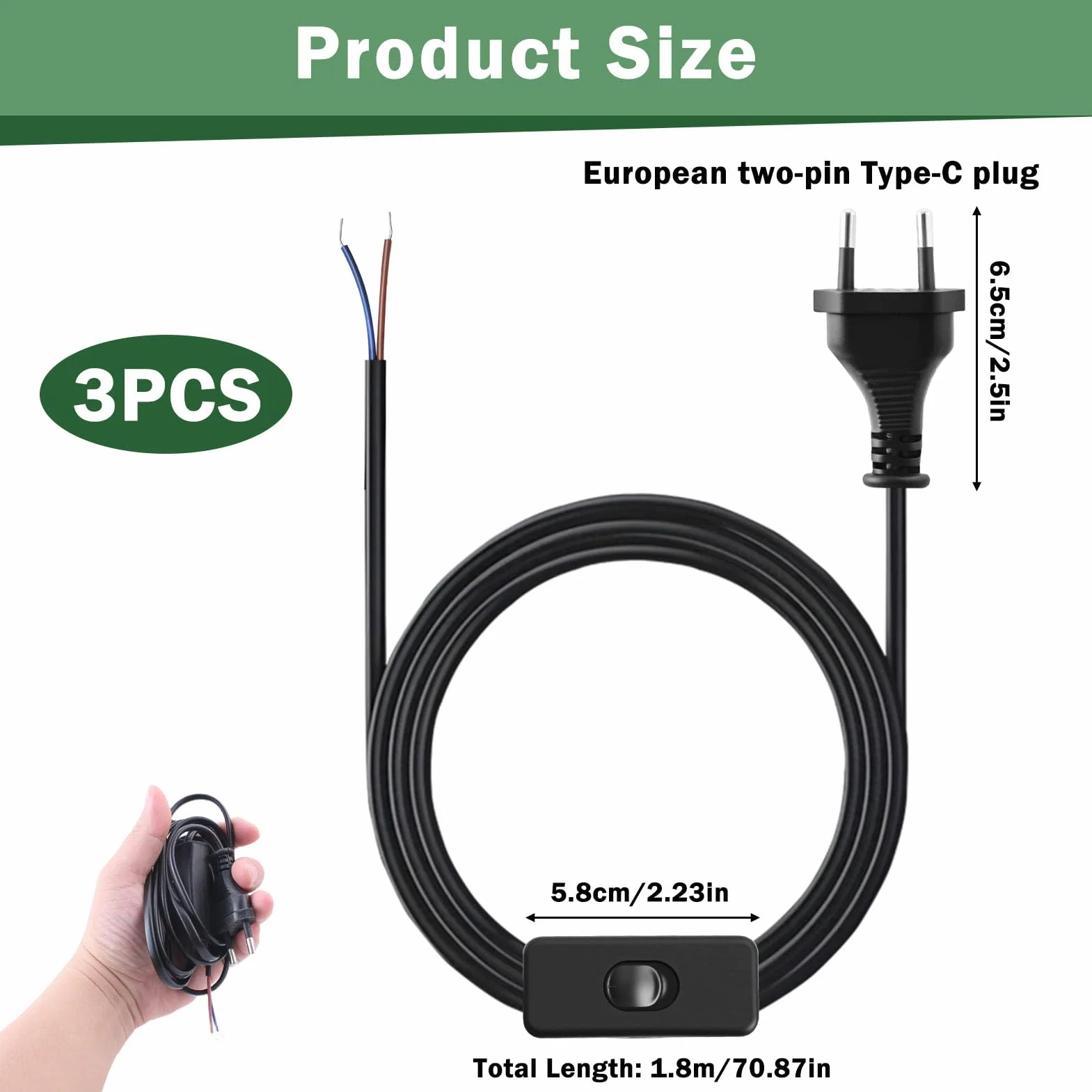 Lot de 3 Cordon Avec Interrupteur et fiche, Câble de raccordement avec prise 1,8 m, Câble avec interrupteur pour lampes, Lampes de table et applications domestiques, Prise avec interrupteur pour lampe
