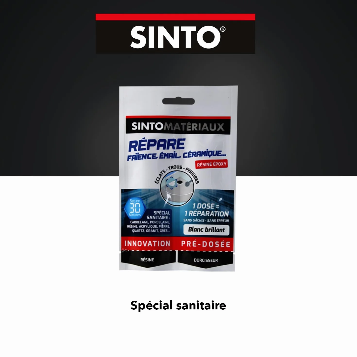 SINTO Répare faïence émail et céramique blanc 15g, répare éclats trous et fissures des sanitaires, éviers douches vasques baignoires et WC, 1 dose = 1 réparation, intérieur et extérieur