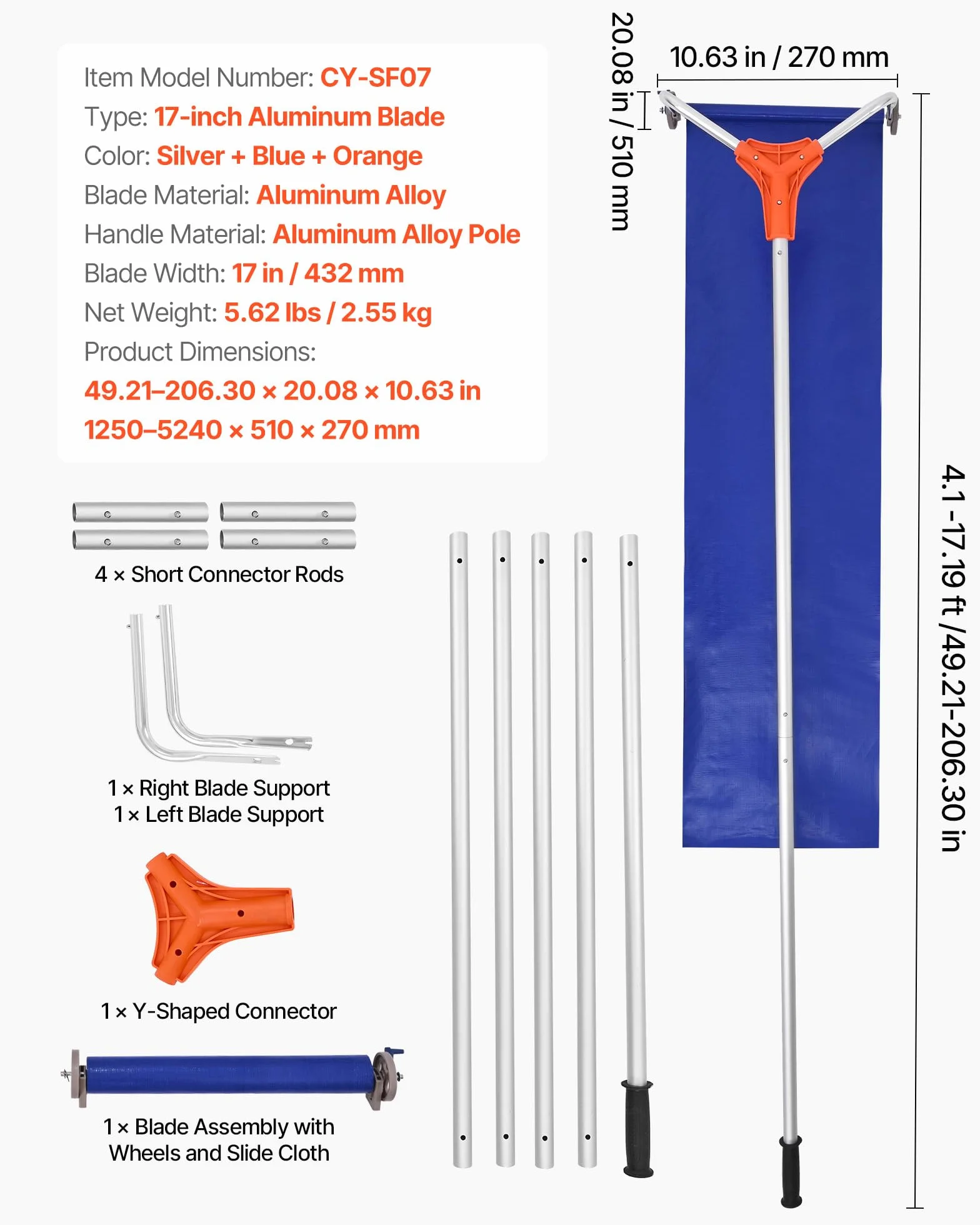 VEVOR Râteau à Neige de Toit 43 cm Réglable 1,25-5,24 m Lame Aluminium Roues Poignée Antidérapante