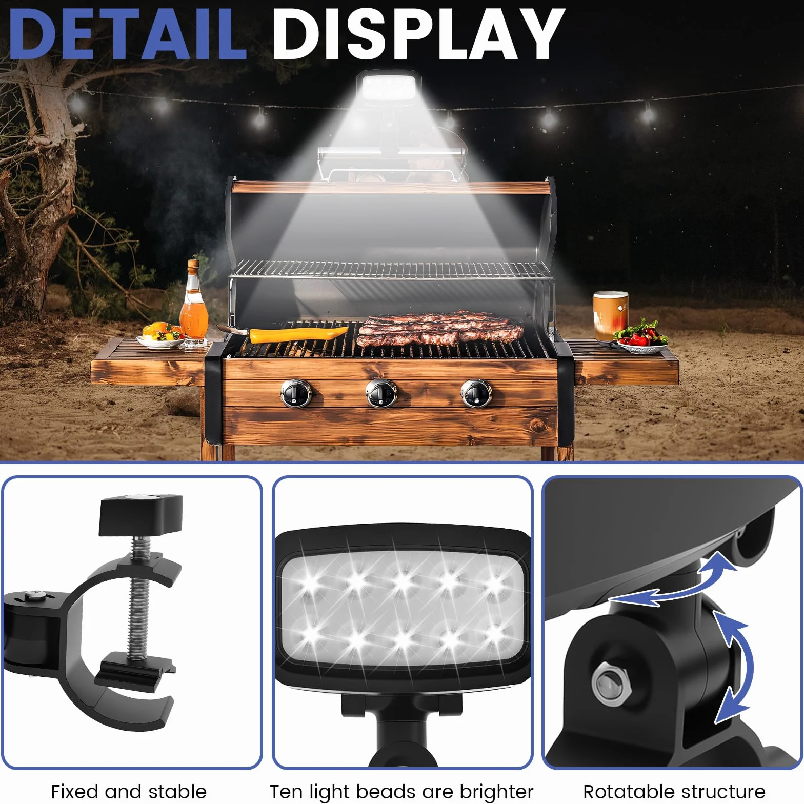 Lampe de barbecue LED 10 perles lumineuses réglable pour barbecue pique-nique plein air