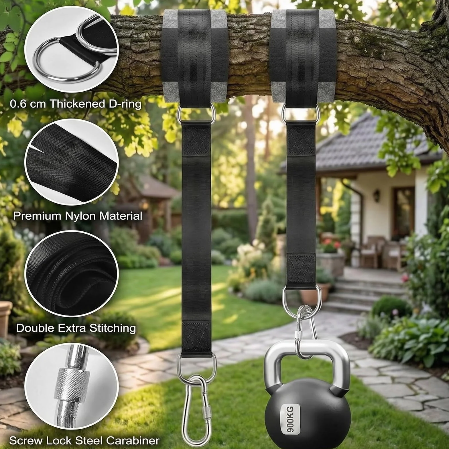 Kit de fixation pour balançoire et hamac 900 kg 2 pièces sangles 150 cm anneaux D mousquetons protections arbres sac rangement