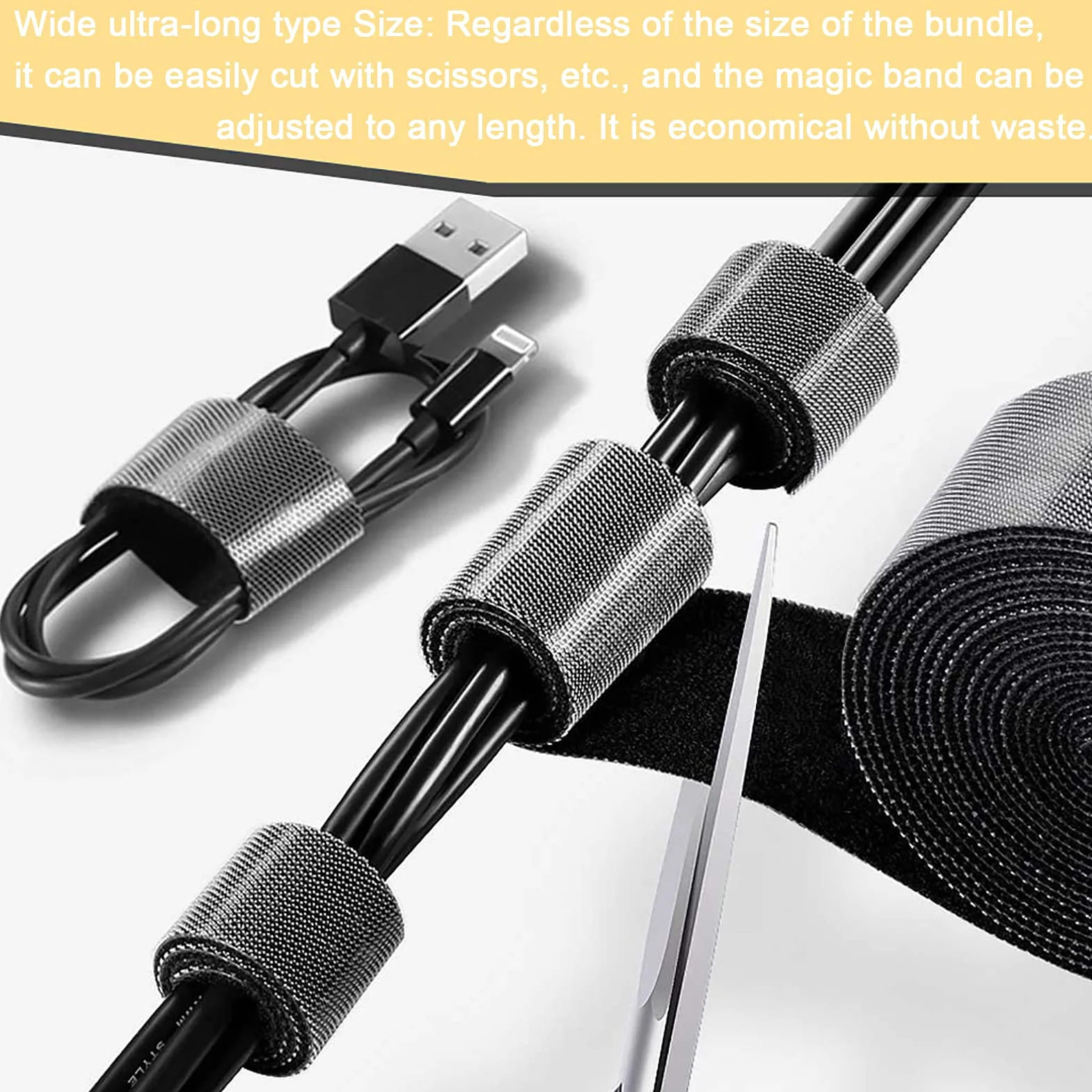 TEUVO Attache Câble Scratch, 50mm X 5M Non Adhésif Serre Câble Bande pour Cable Gestion, DIY Artisanat et Fixation des Rideaux, Réutilisables Cable Management Scratch Rouleau pour Accueil et Bureau