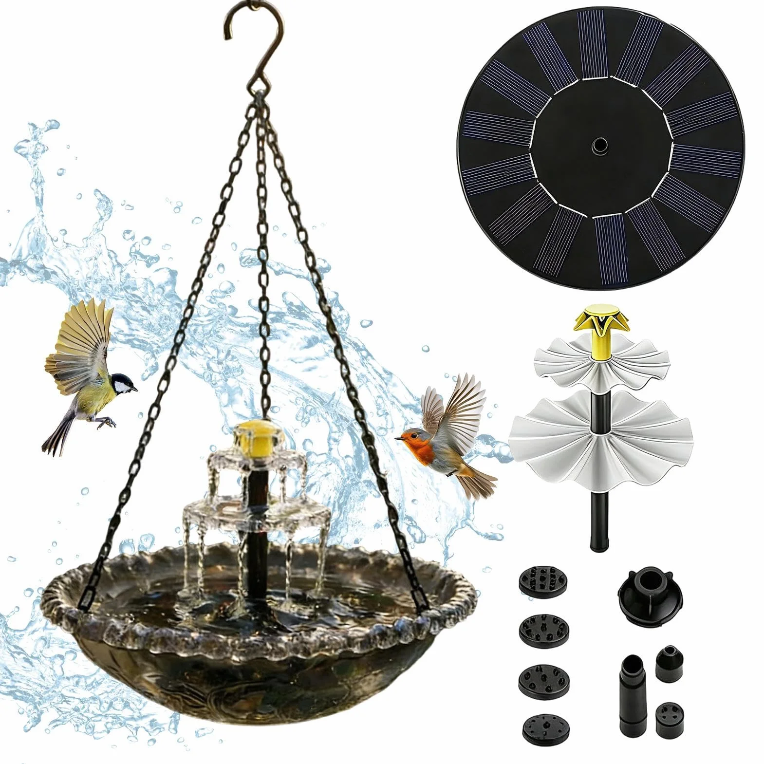 Fontaine Solaire pour Oiseaux avec Pompe et Gicleur, Bain d'Oiseau Solaire pour Jardin Extérieur