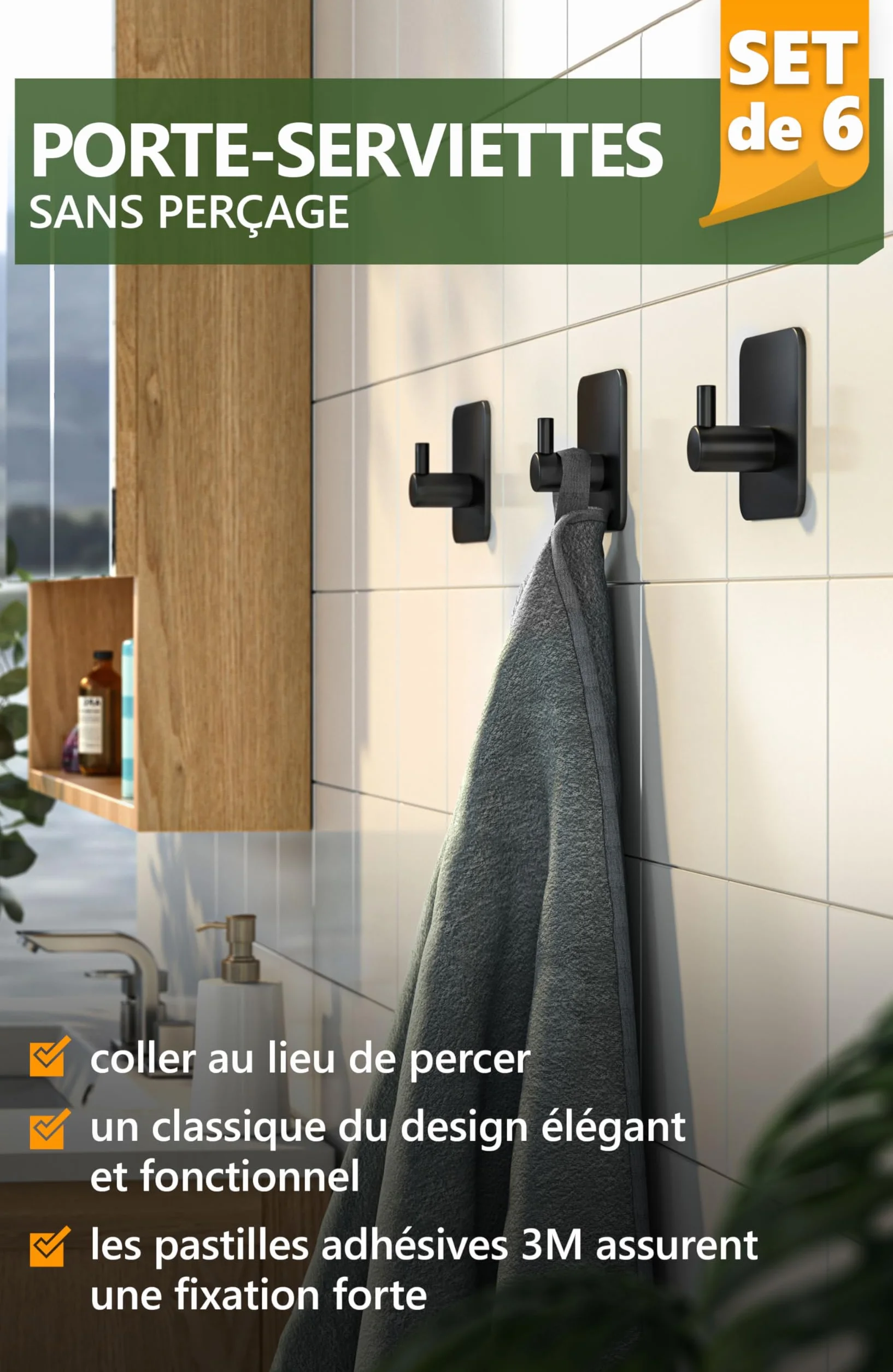 4smile Crochet Adhesif Mural - 6 Pièces, Porte Serviette Salle de Bain, Accroche Torchon Cuisine, Portemanteau Autocollant Acier Inox, Noir