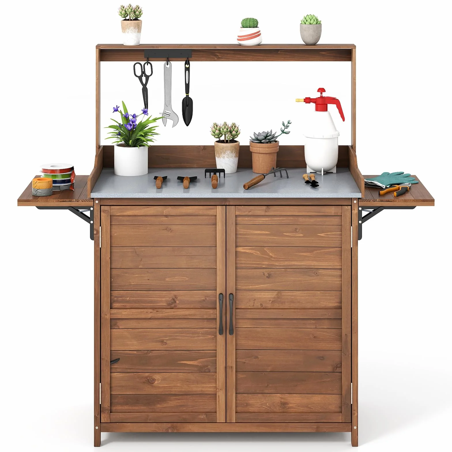 RELAX4LIFE Table de Rempotage d'Extérieur en Bois avec Armoire, Plateau Métal, Étagère 3 Niveaux
