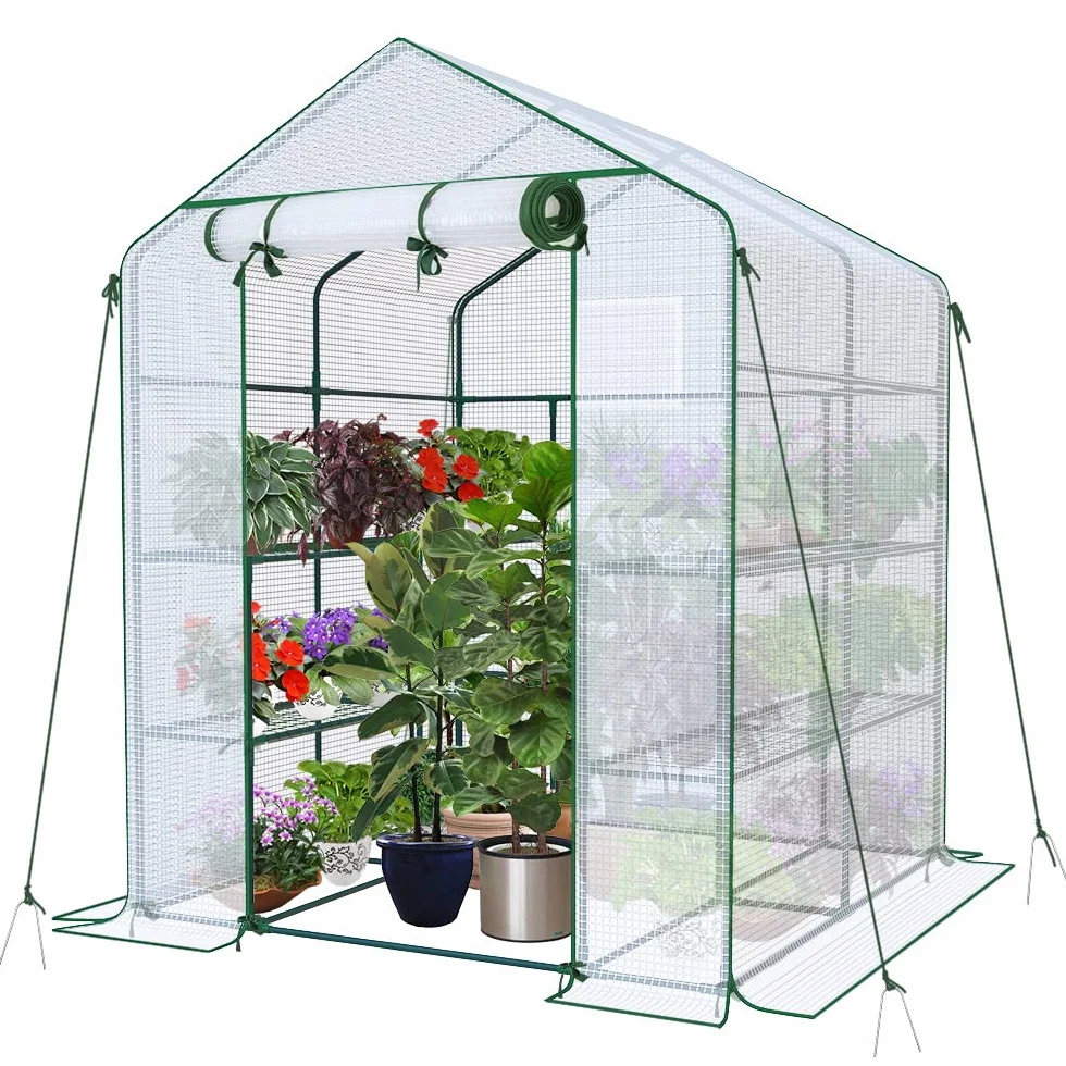 VOUNOT® Serre de Jardin PE 3 Niveaux 143x143x195cm Bâche Renforcée 135g/m2