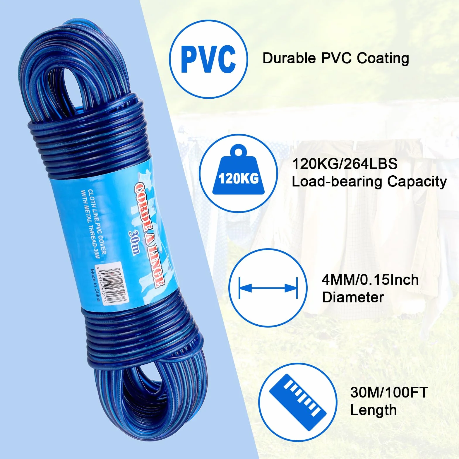 30m Corde a Linge, Fil à Linge Acier Plastifié avec Noyau d'acier, Corde a Linge Exterieur, Corde Solide 4mm Dia Corde à Linge, Fil a Linge Exterieure Résistantes, Capacité portante 120kg