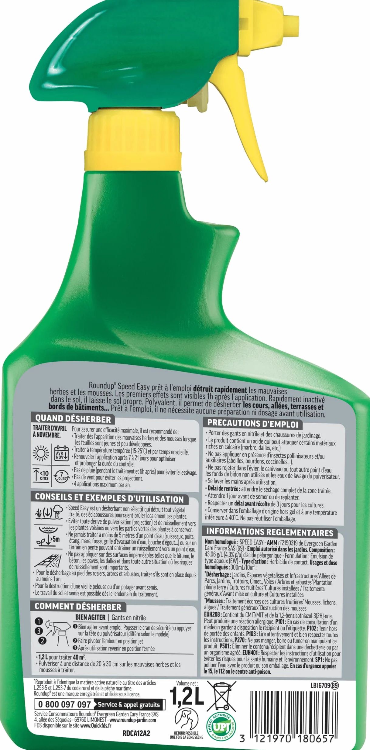 ROUNDUP Speed Easy Désherbant Prêt à l'Emploi 1,2L Action 2-en-1 Mauvaises Herbes & Mousses