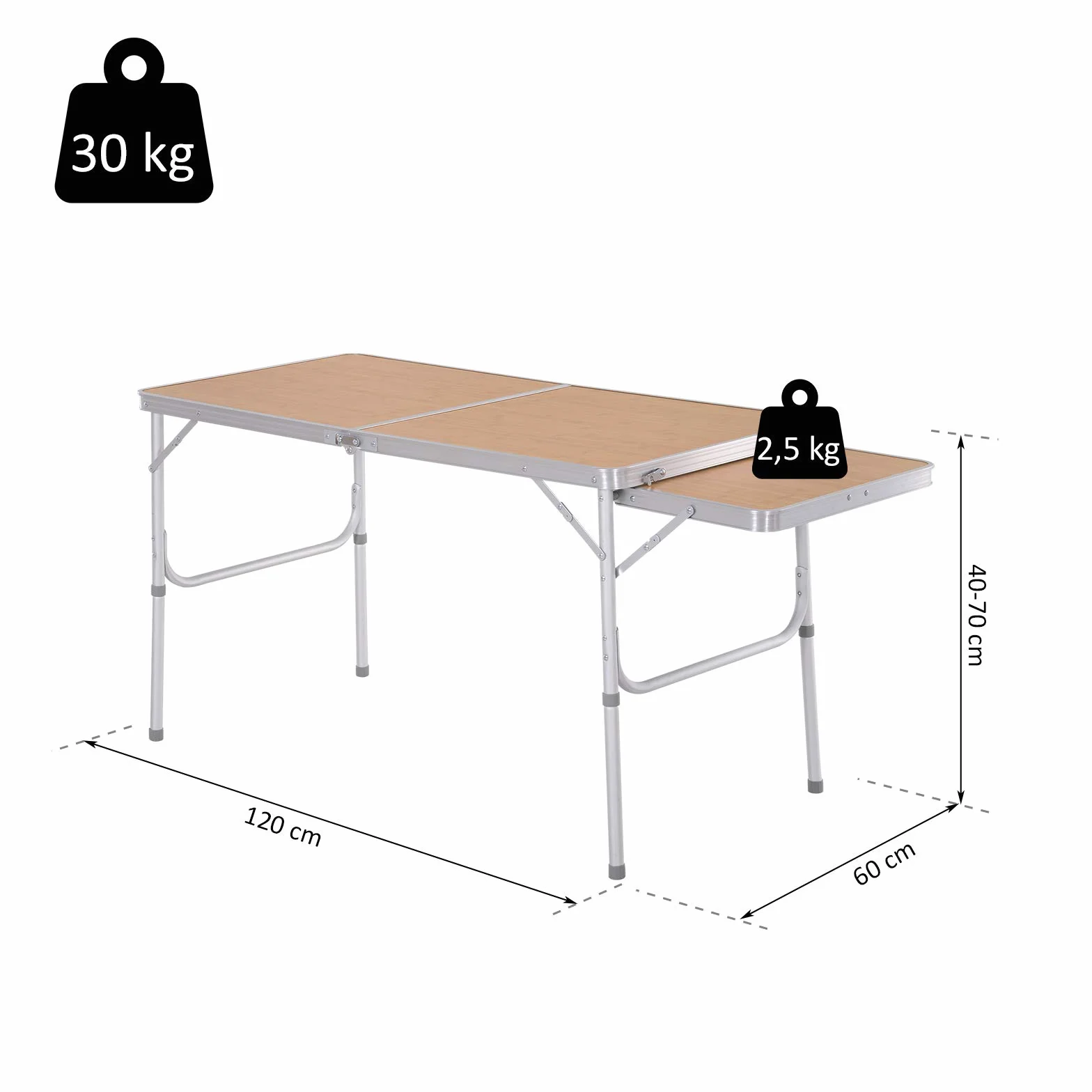 Outsunny Table Pliante Camping Jardin avec Rallonge Hauteur Réglable Aluminium MDF Imitation Bambou