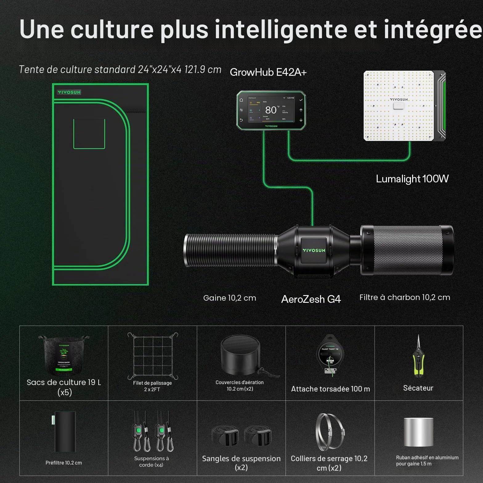 VIVOSUN Kit Complet Tente de Culture 60x60x120cm, Lampe LED Spectre Complet, Ventilation, Contrôleur GrowHub E42A+