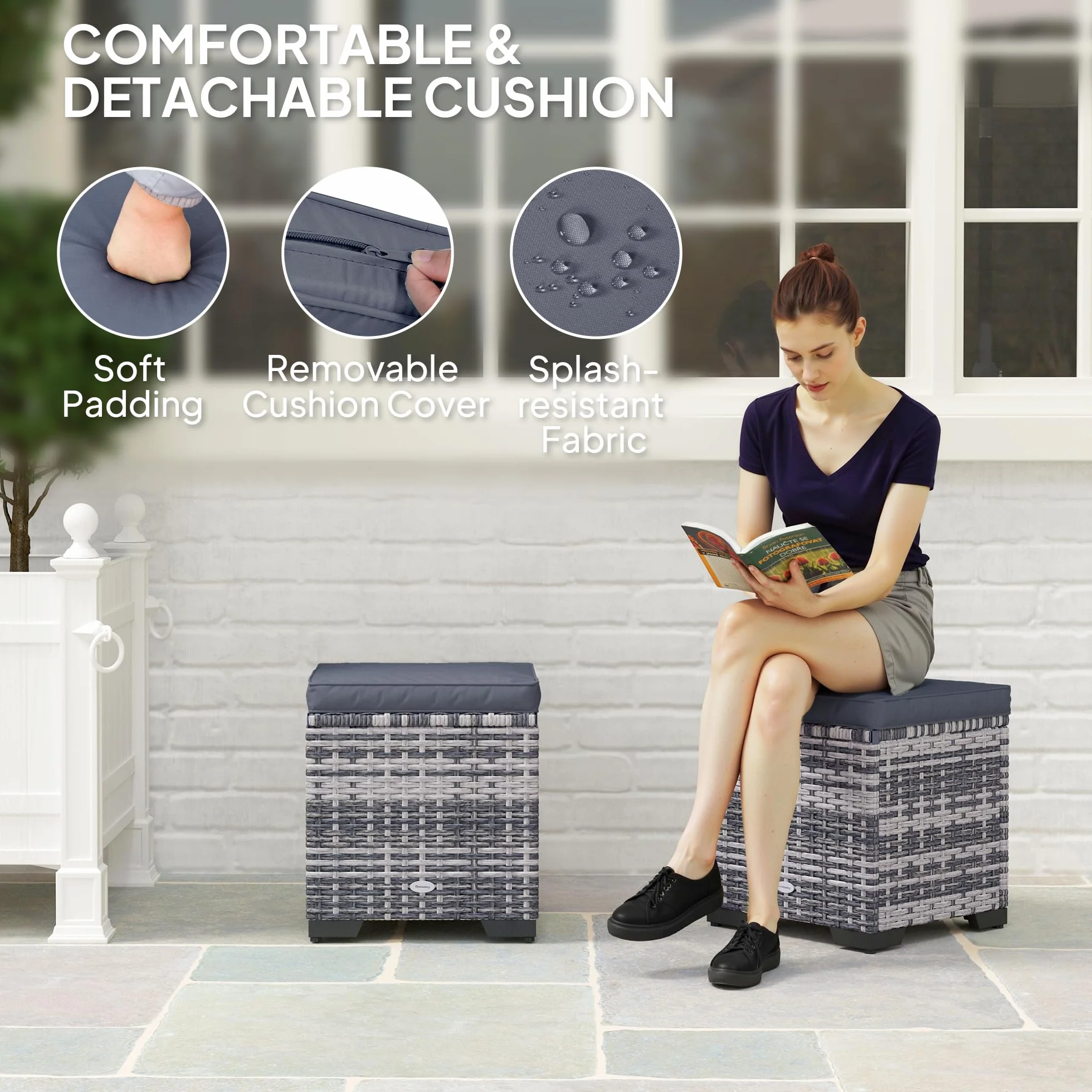 Outsunny Lot de 2 poufs de rangement en rotin avec coussins amovibles - Gris foncé