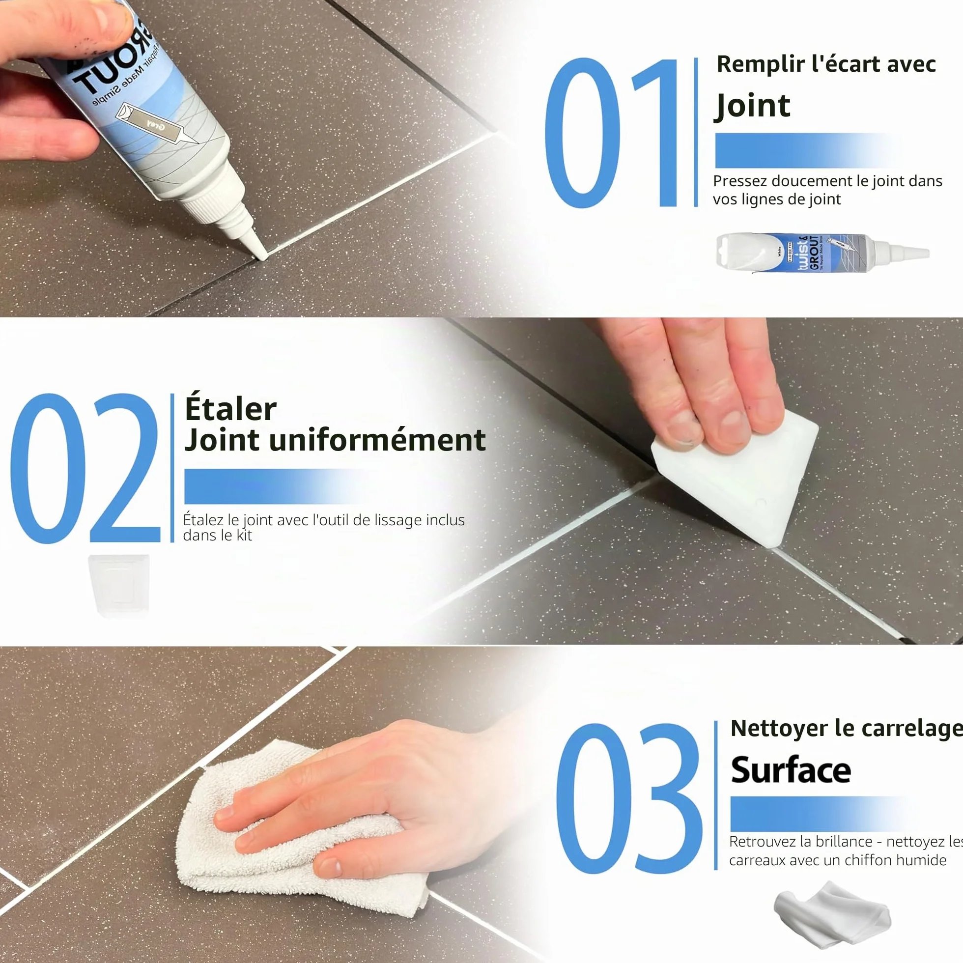 Twist & Grout de Floor-Fix Pro - Joint Carrelage. Réparation Rapide pour Salle de Bain/Douche/Cuisine - Kit de Restauration Prémélangé, Durable et Imperméable (Blanc)