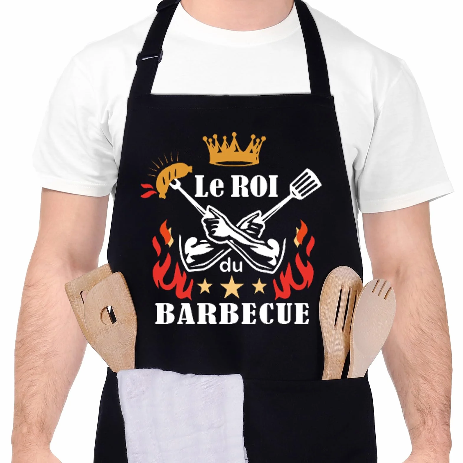 Tablier Barbecue Homme Noir Étanche Réglable pour Cuisine BBQ Fête Pères Anniversaire