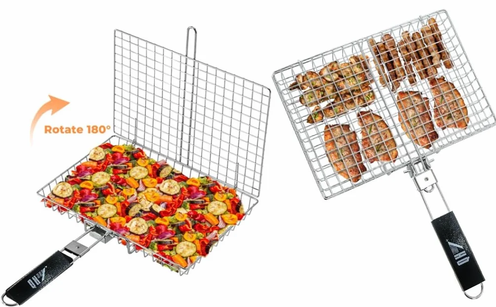 Panier de barbecue en acier inoxydable pliable et portable avec poignée amovible pour camping
