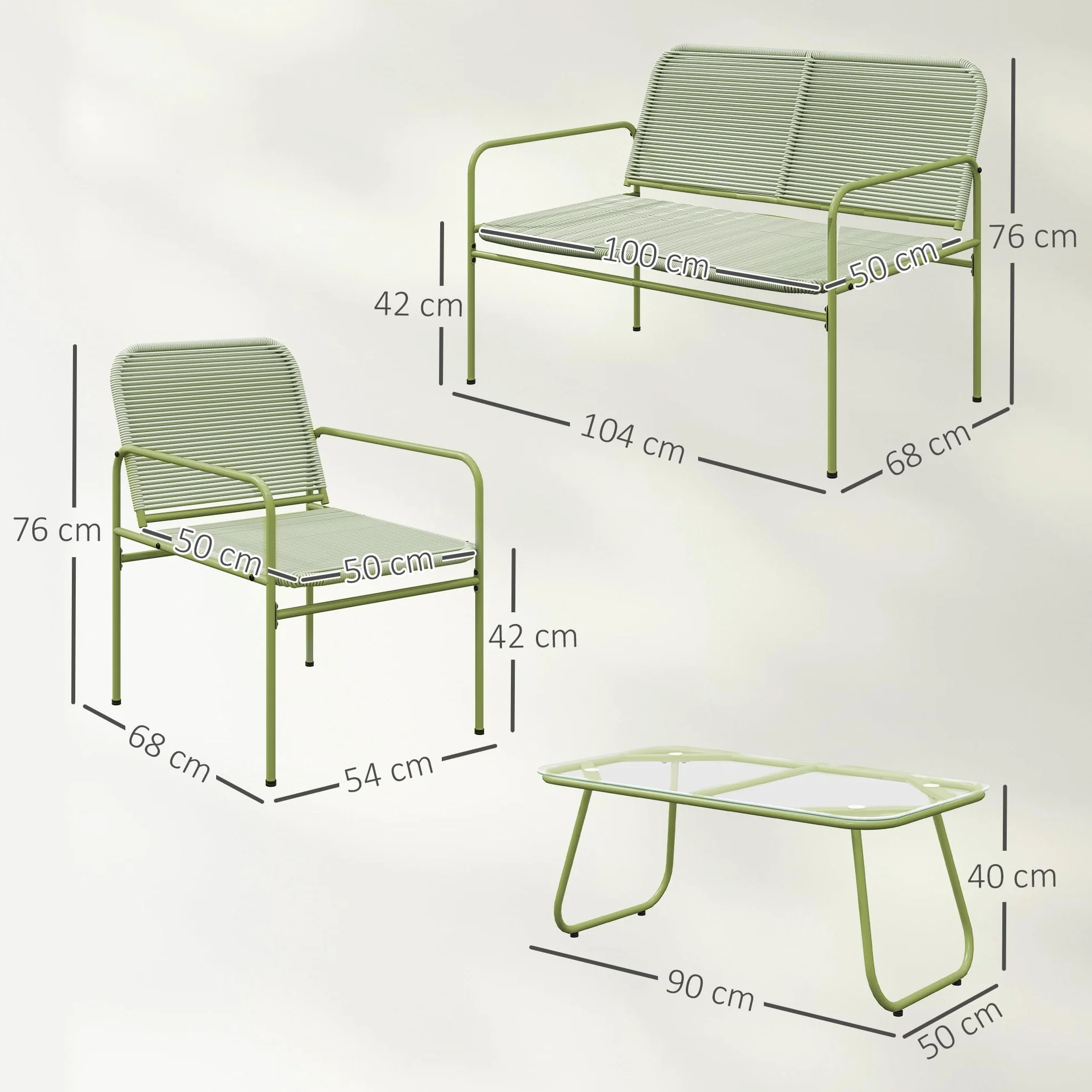 Outsunny Salon de Jardin extérieur résine tressée 4 Places canapé 2 fauteuils Table Verre trempé Acier Vert