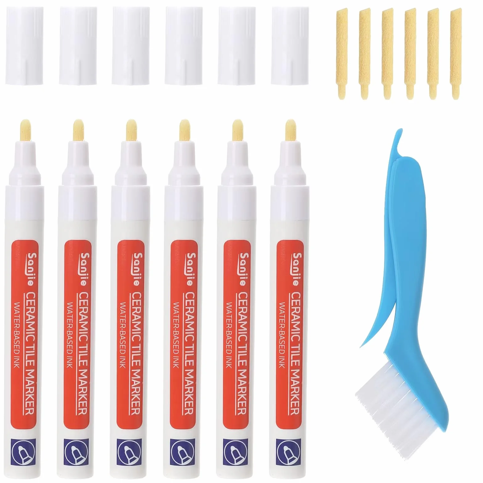 6 pcs Stylo de Carrelage, Crayon À Joints Blanc, Stylo pour Carrelage Mural Avec Plume de Remplacement et 1 Brosse de Nettoyage pour Réparation Carreaux Sol Cuisine et Salle de Bain
