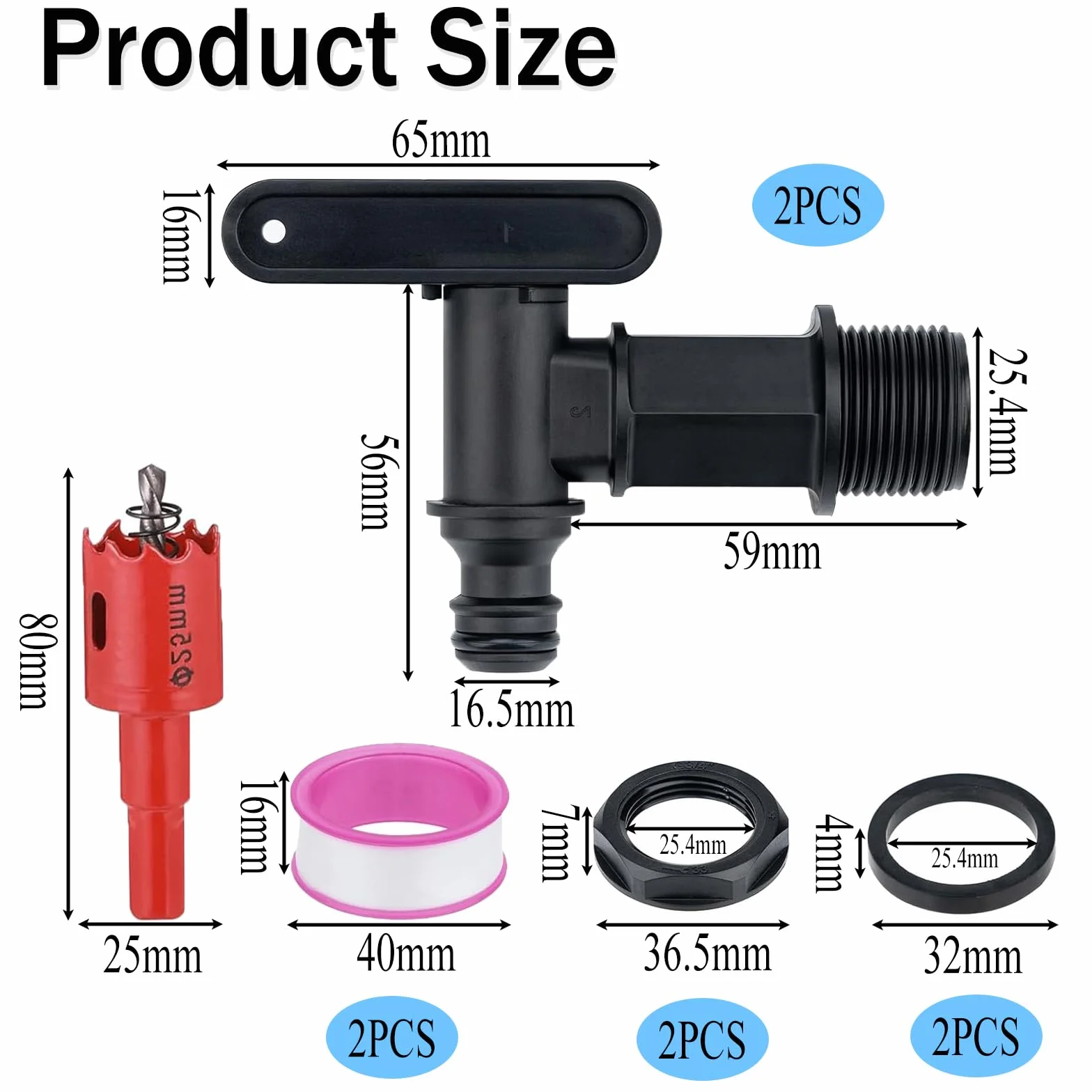 Lot de 2 robinets pour tonne à eau en plastique avec joint et perceur, adaptateur 3/4 pouces, Noir