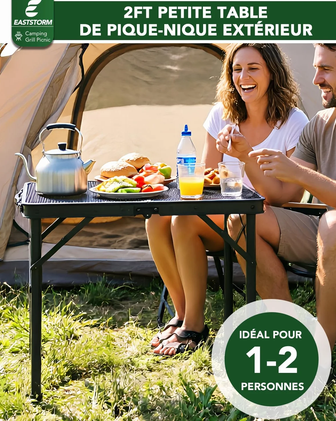 EASTSTORM Table de Camping Pliante 60×40cm, 2 Réglages de Hauteur, Grille Métallique pour Intérieur/Extérieur