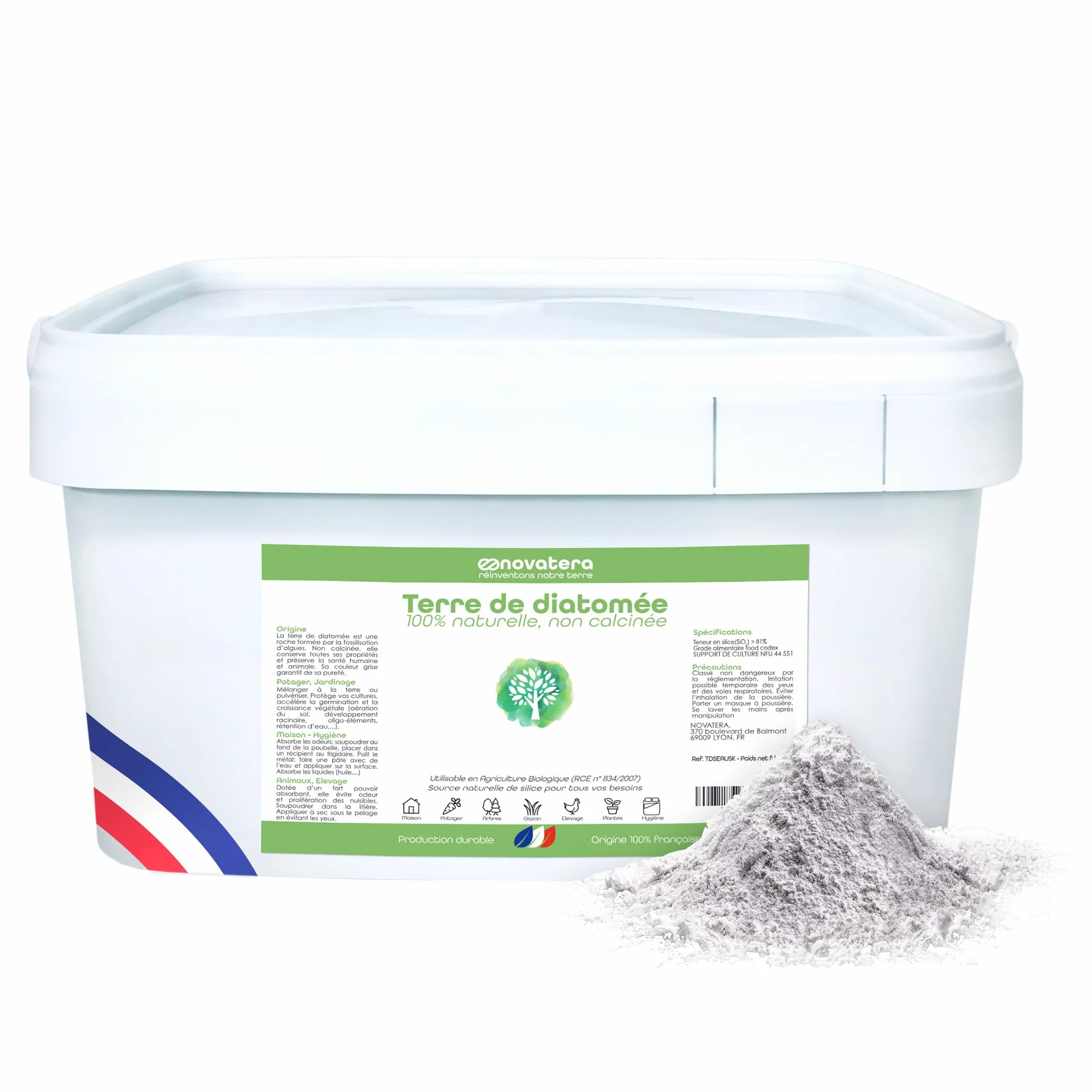 NOVATERA Terre de Diatomée 100% Naturelle Française Ultrapure Non Calcinée Ecocert 5kg