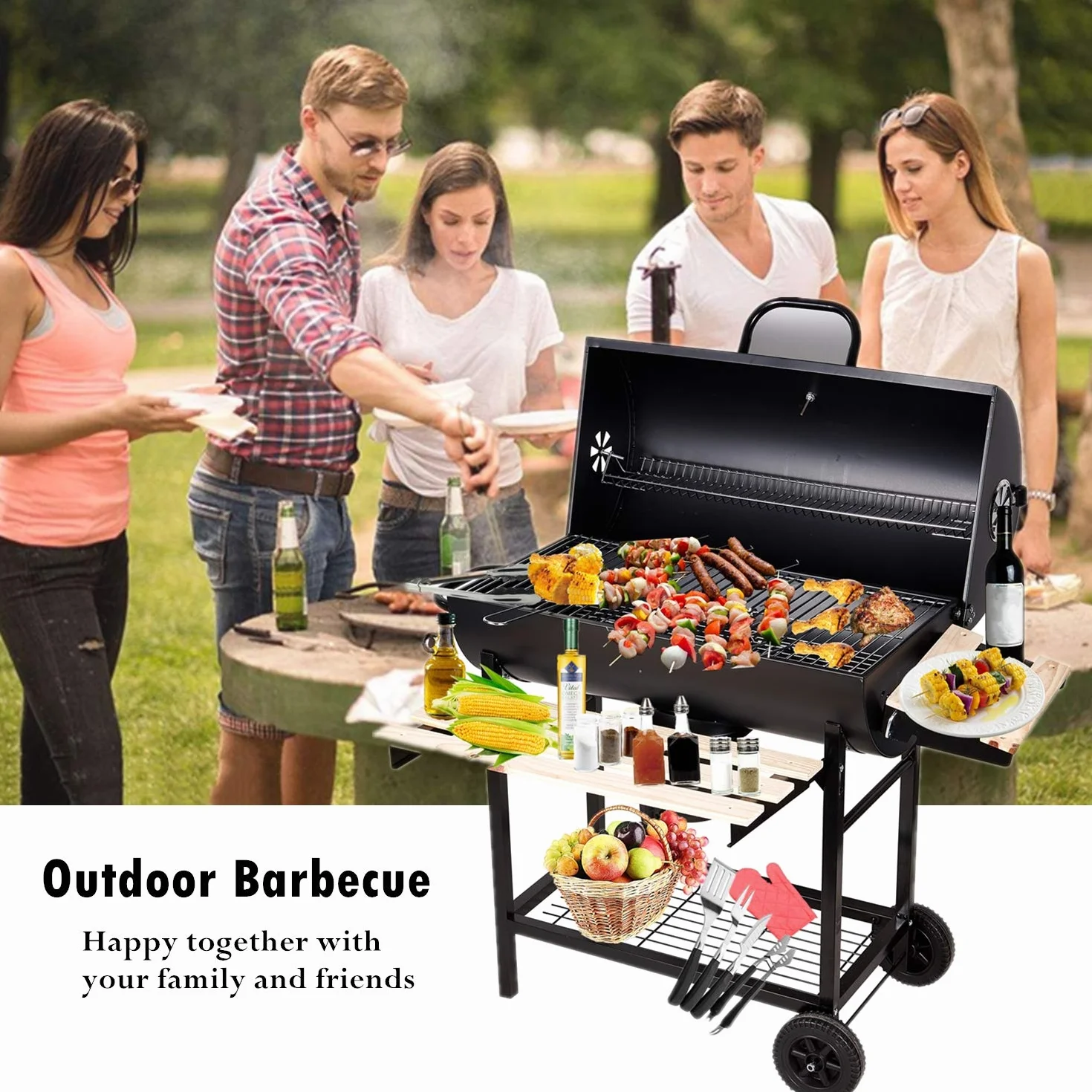 Barbecue à Charbon BBQ de Jardin avec 2 Etagères en Bois 101×70.5×94.5CM