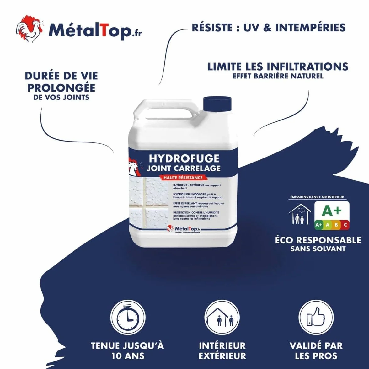 Métaltop - Hydrofuge Joint Carrelage - 1 L - Protection invisible contre l'eau, l'humidité et les taches pour joint absorbant
